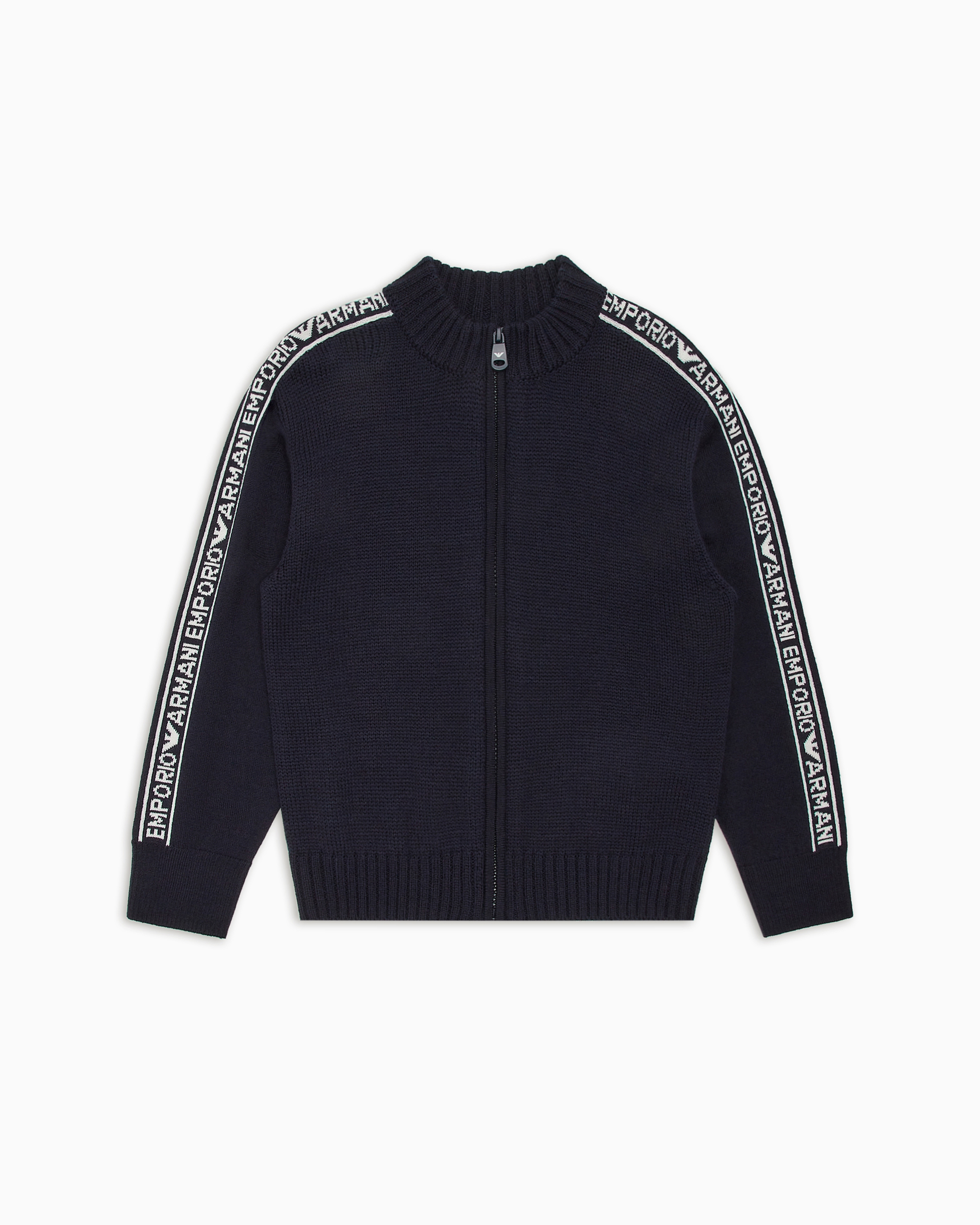 Emporio Armani Full-zip Virgin Wool-blend Cardigan With Jacquard Logo Lettering In Black