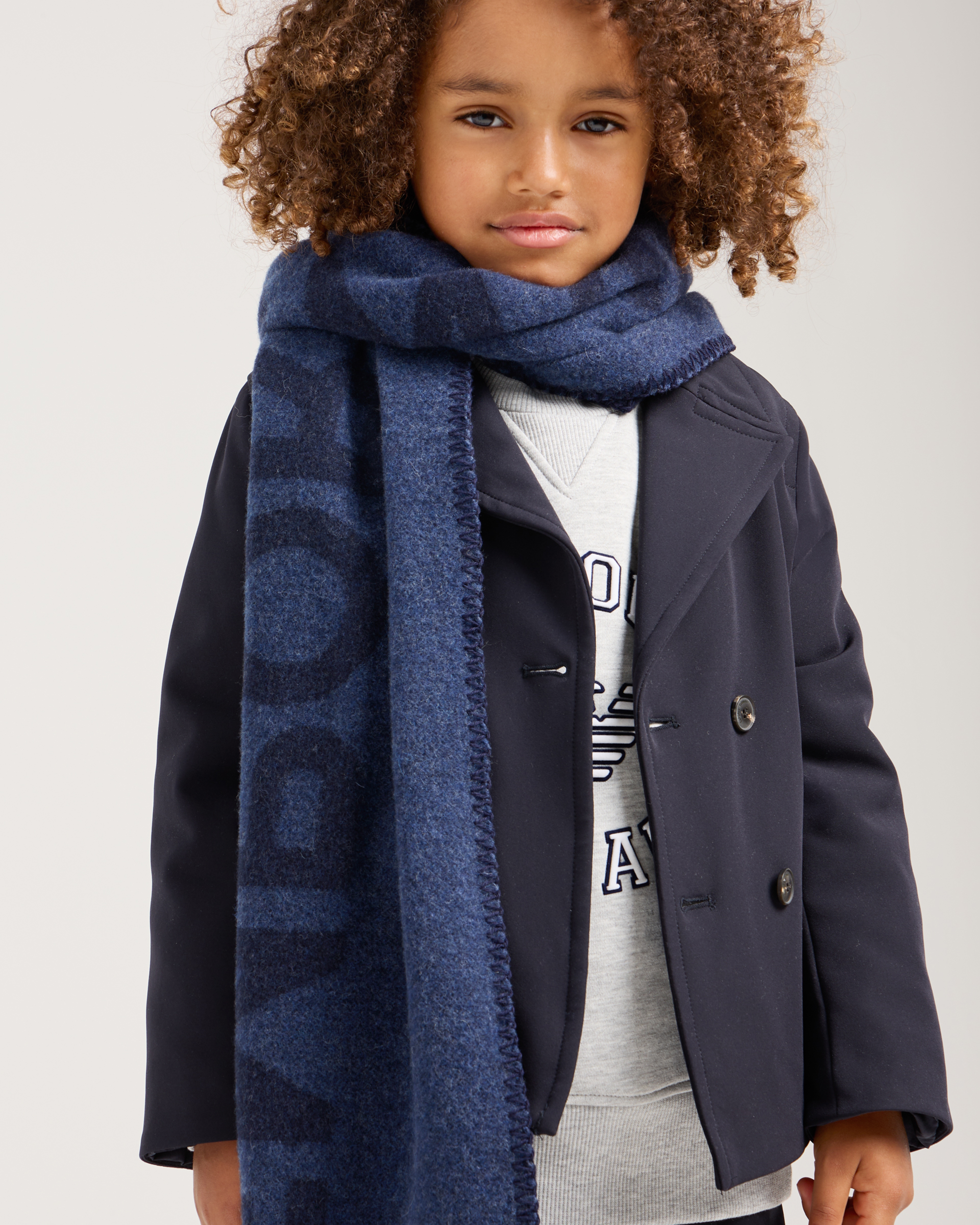 Shop Emporio Armani Wool Scarf With Oversized Logo In Navy Blue