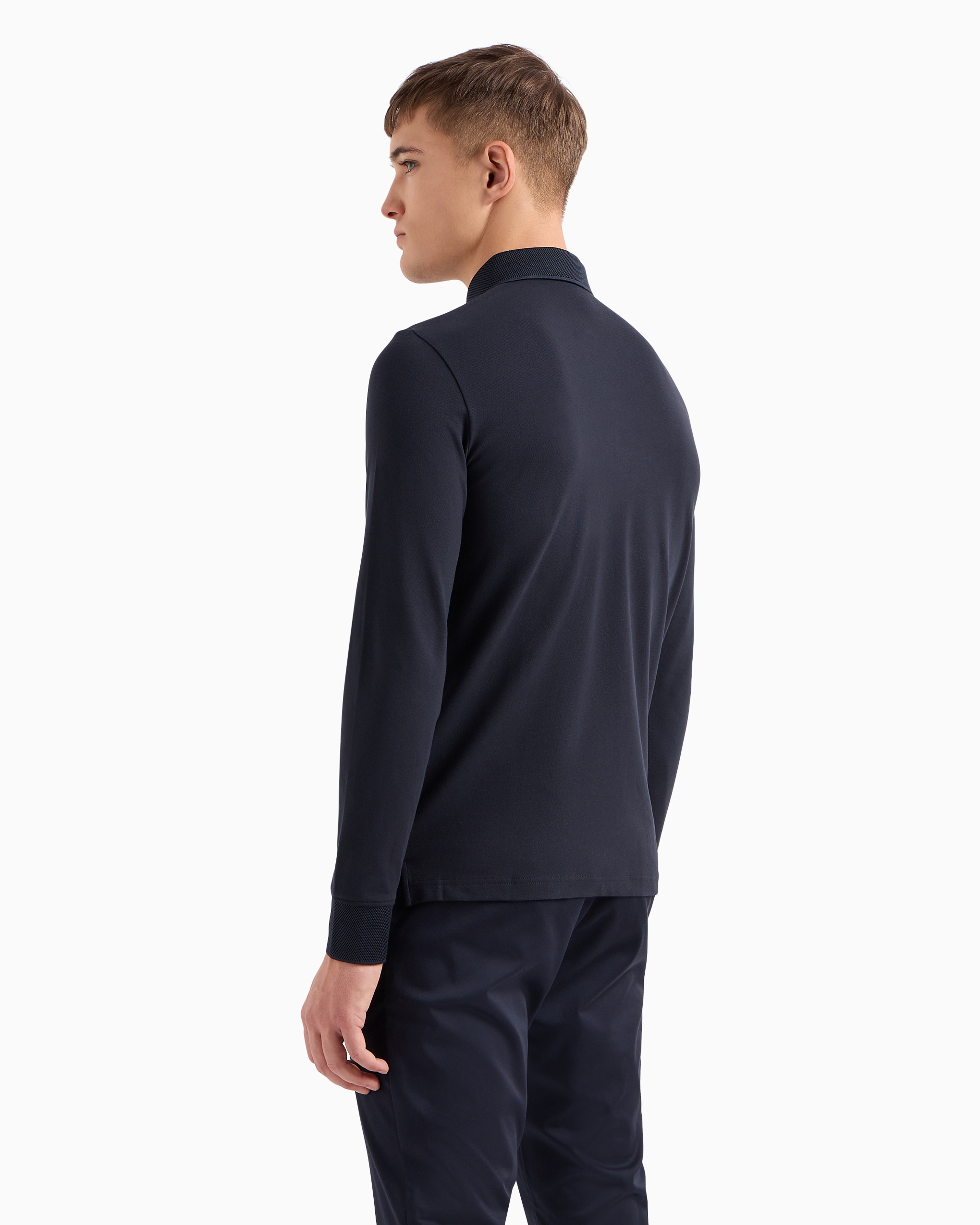 Shop Armani Exchange Slim Fit Polo Shirt In Stretch Cotton With Long Sleeves In Navy Blue