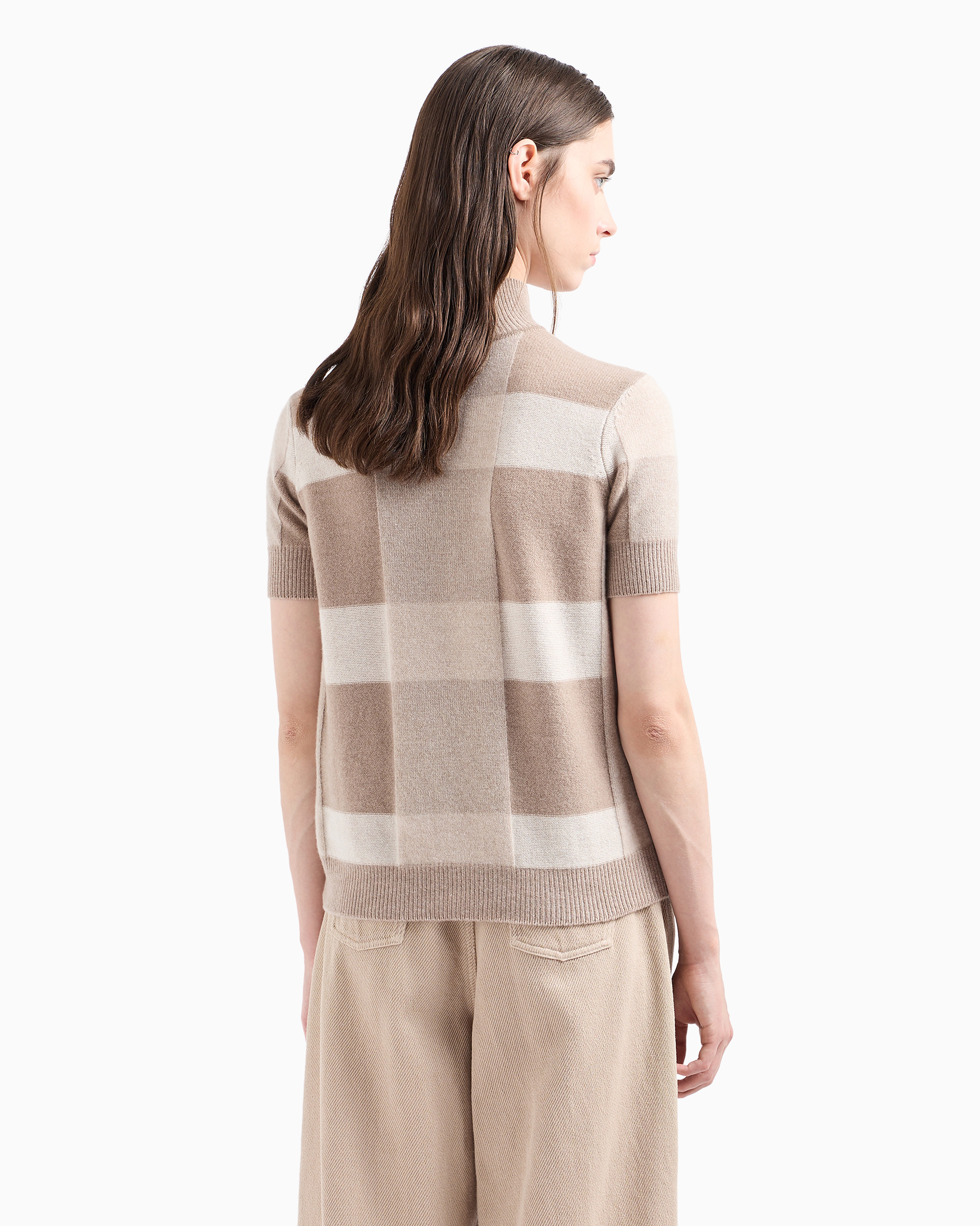 Shop Emporio Armani Icon Short-sleeved Virgin Wool Mock-neck Jumper With A Plated Check Motif In Beige