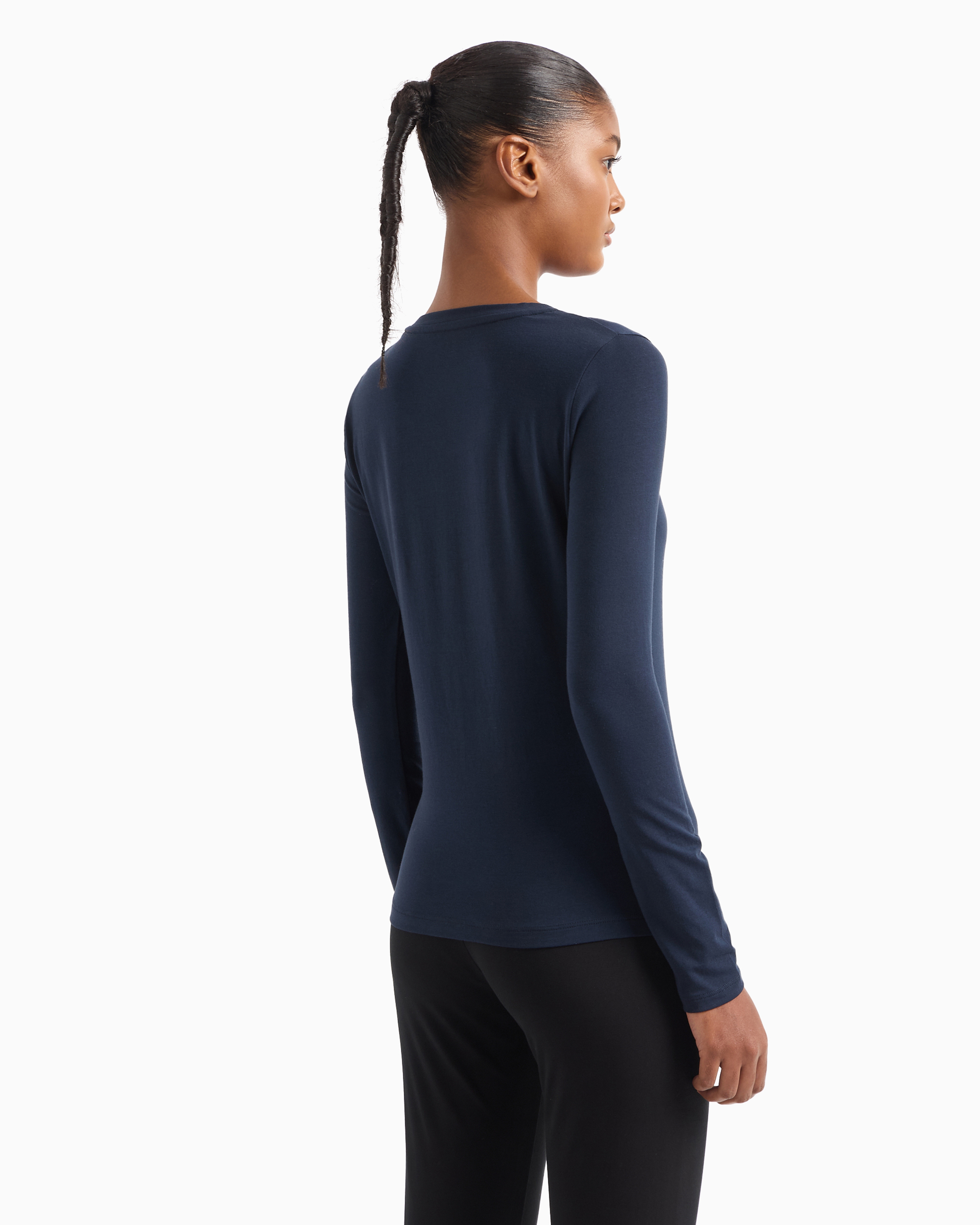 Shop Ea7 Core Lady Stretch-cotton Long-sleeved T-shirt In Navy Blue