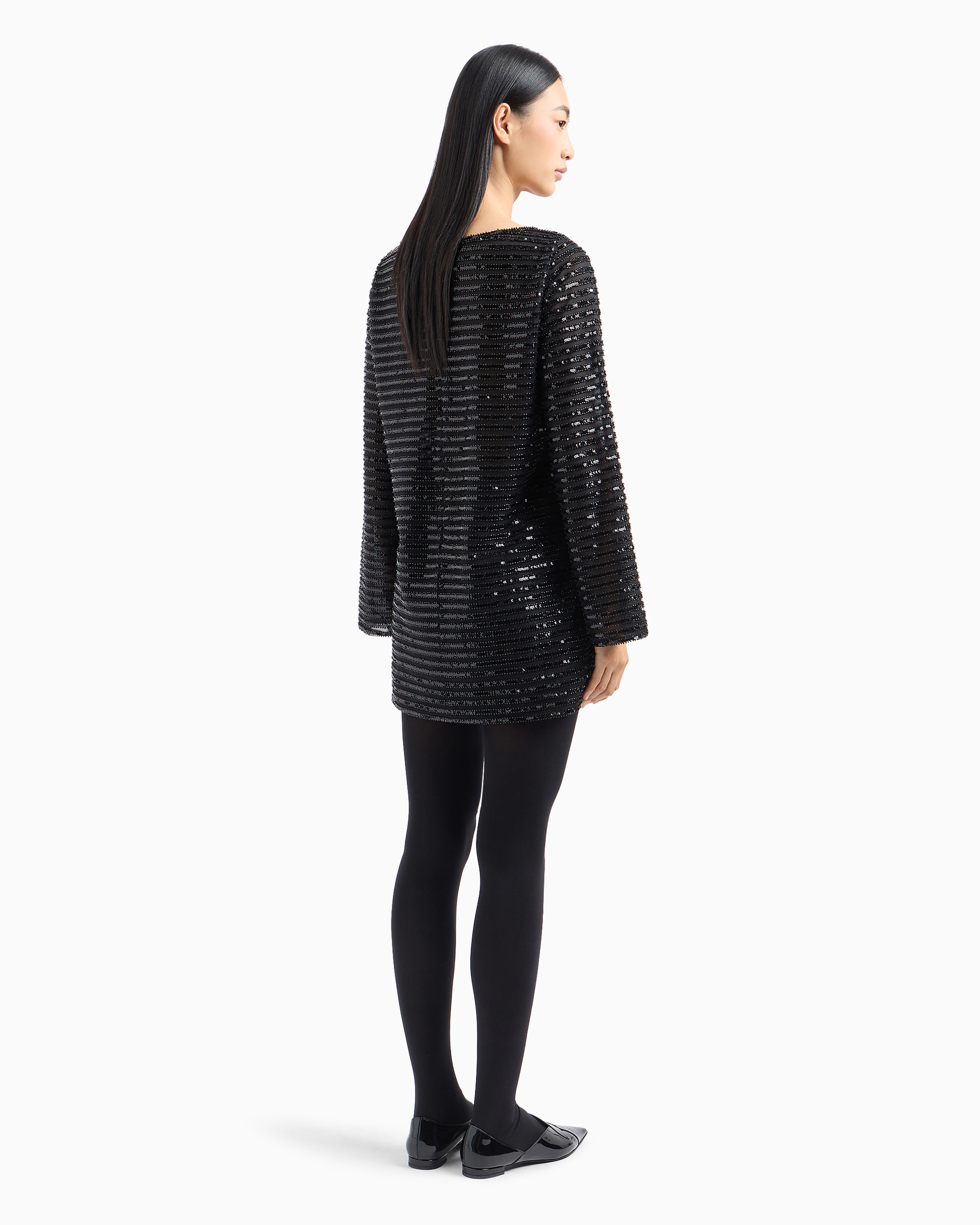 Emporio Armani Official Store Moon Capsule Collection Tulle Tunic Dress With Striped Sequinned Motif In Noir