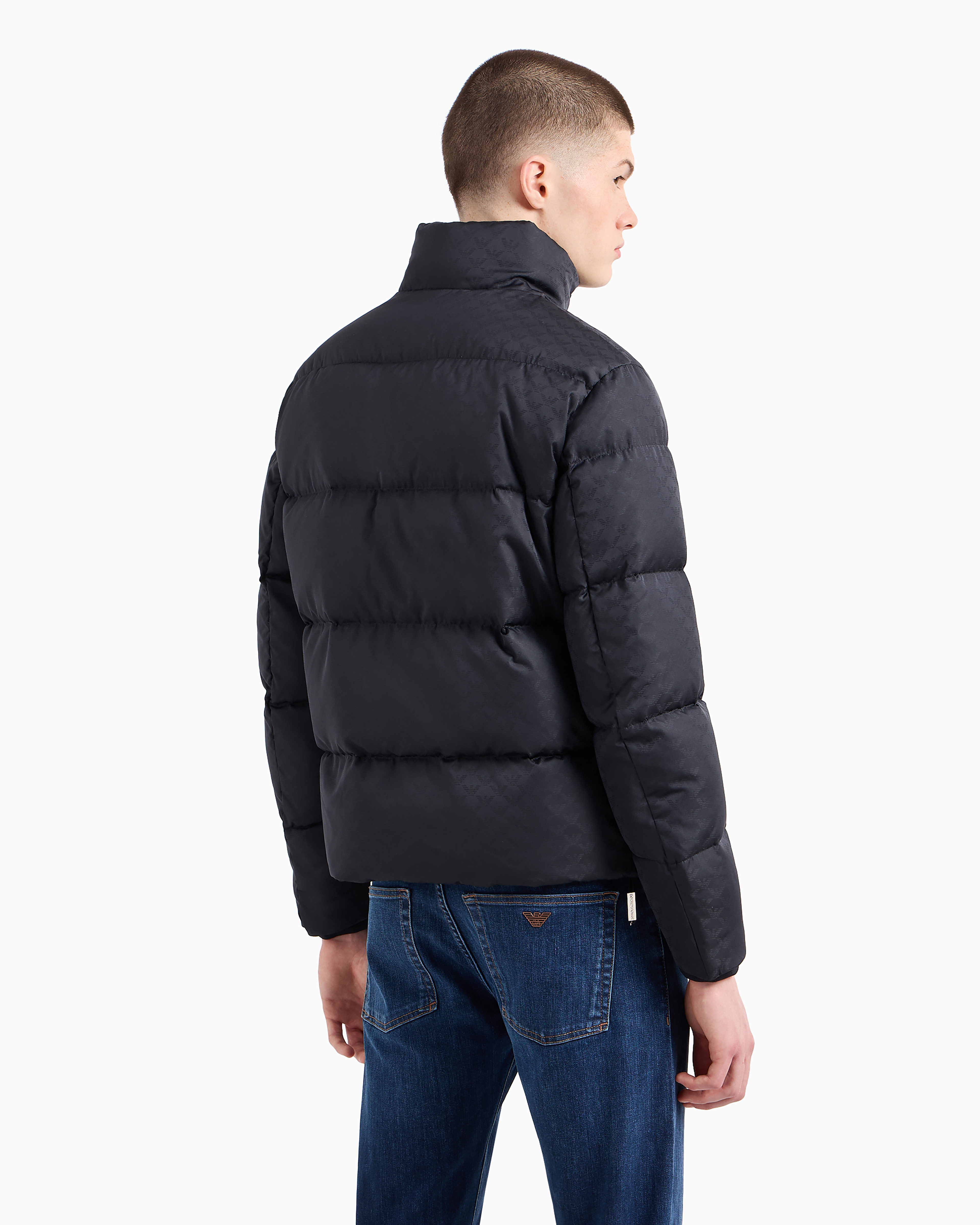 Emporio Armani Quilted Puffer Jacket With All-over Jacquard Eagle In Navy Blue
