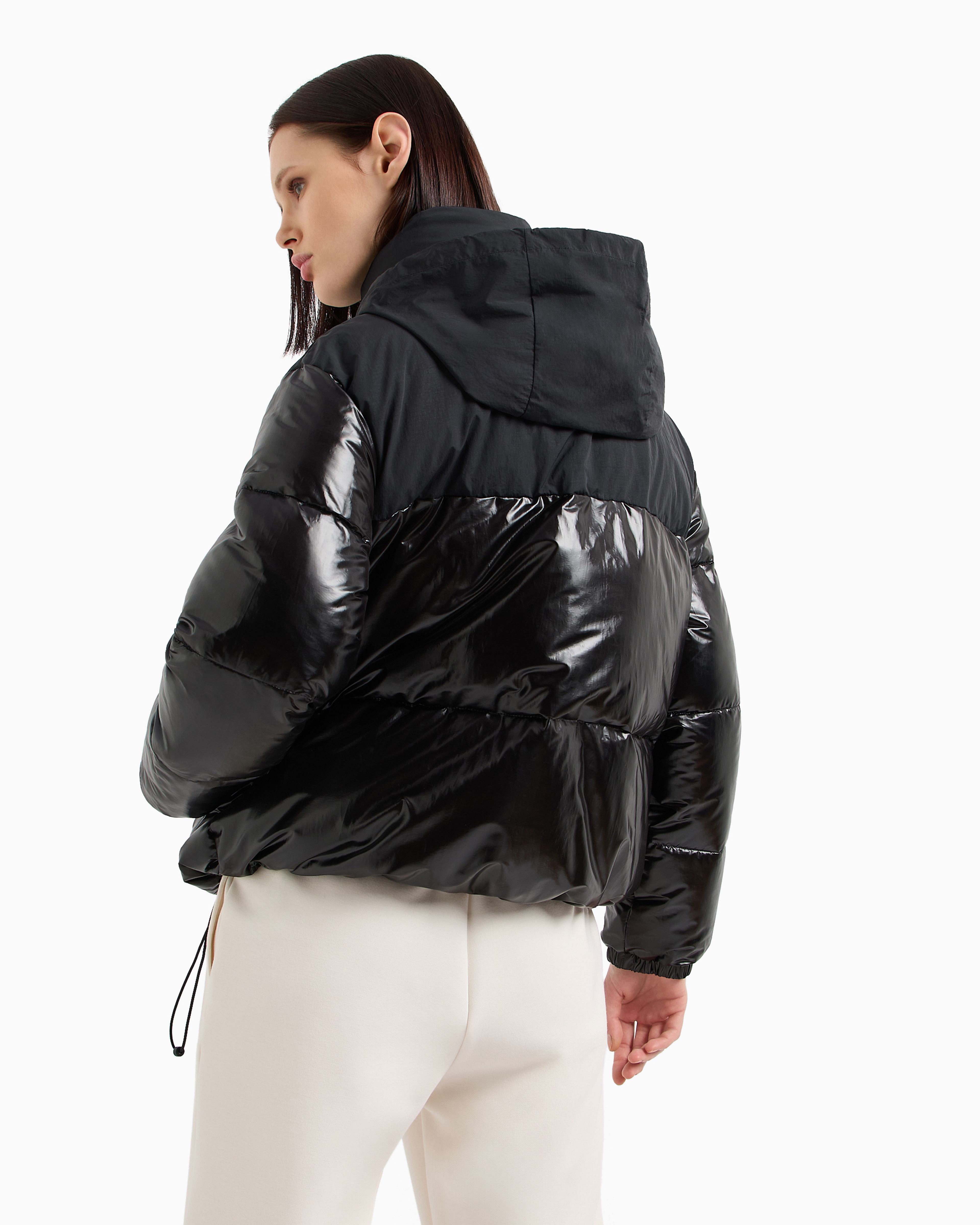 Shop Armani Exchange Padded Jacket In Patent Leather And Opaque Fabric In Black