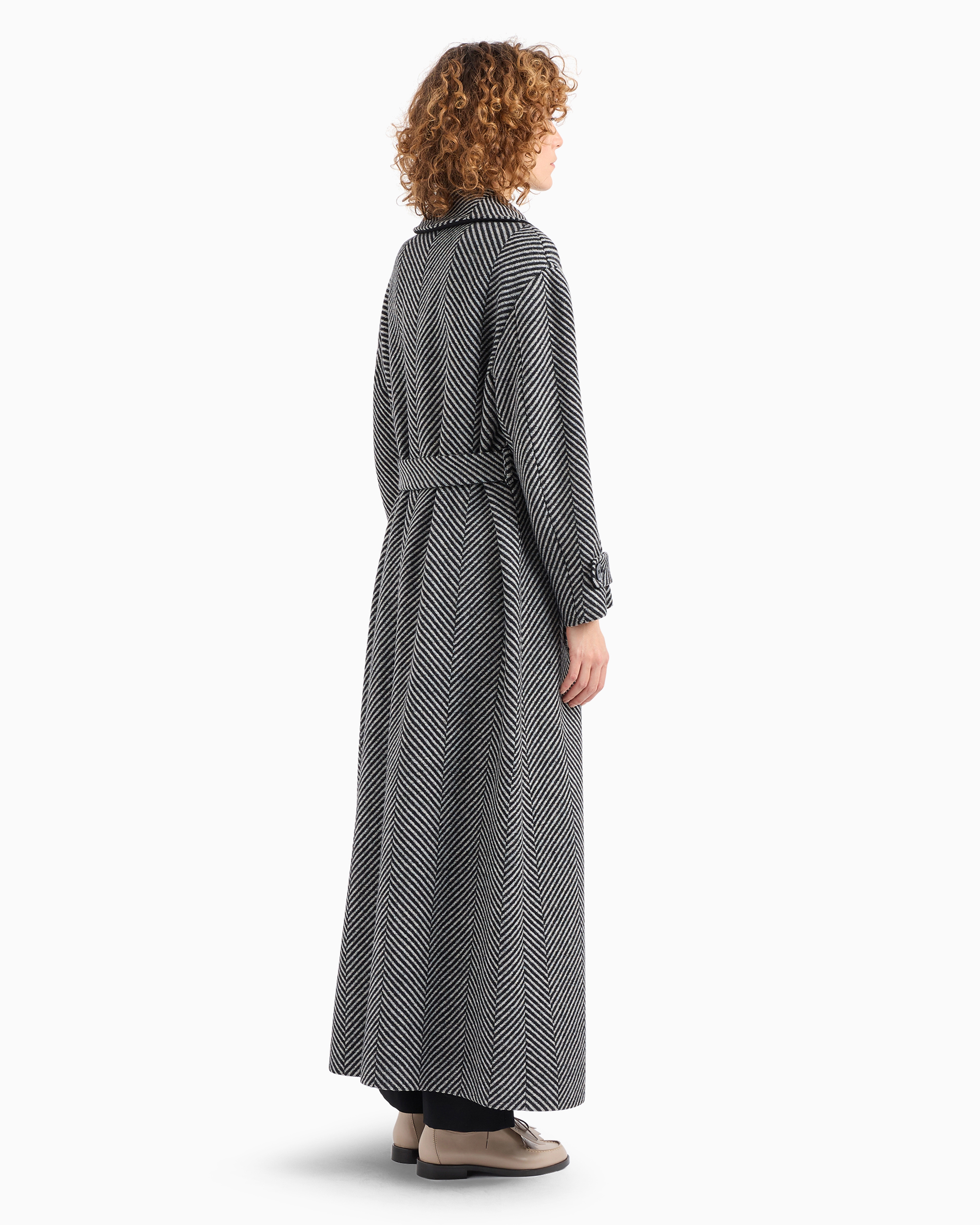 Emporio Armani Long, Double-breasted Coat In A Virgin Wool Blend With Two-tone Oversize-chevron Motif In Grey