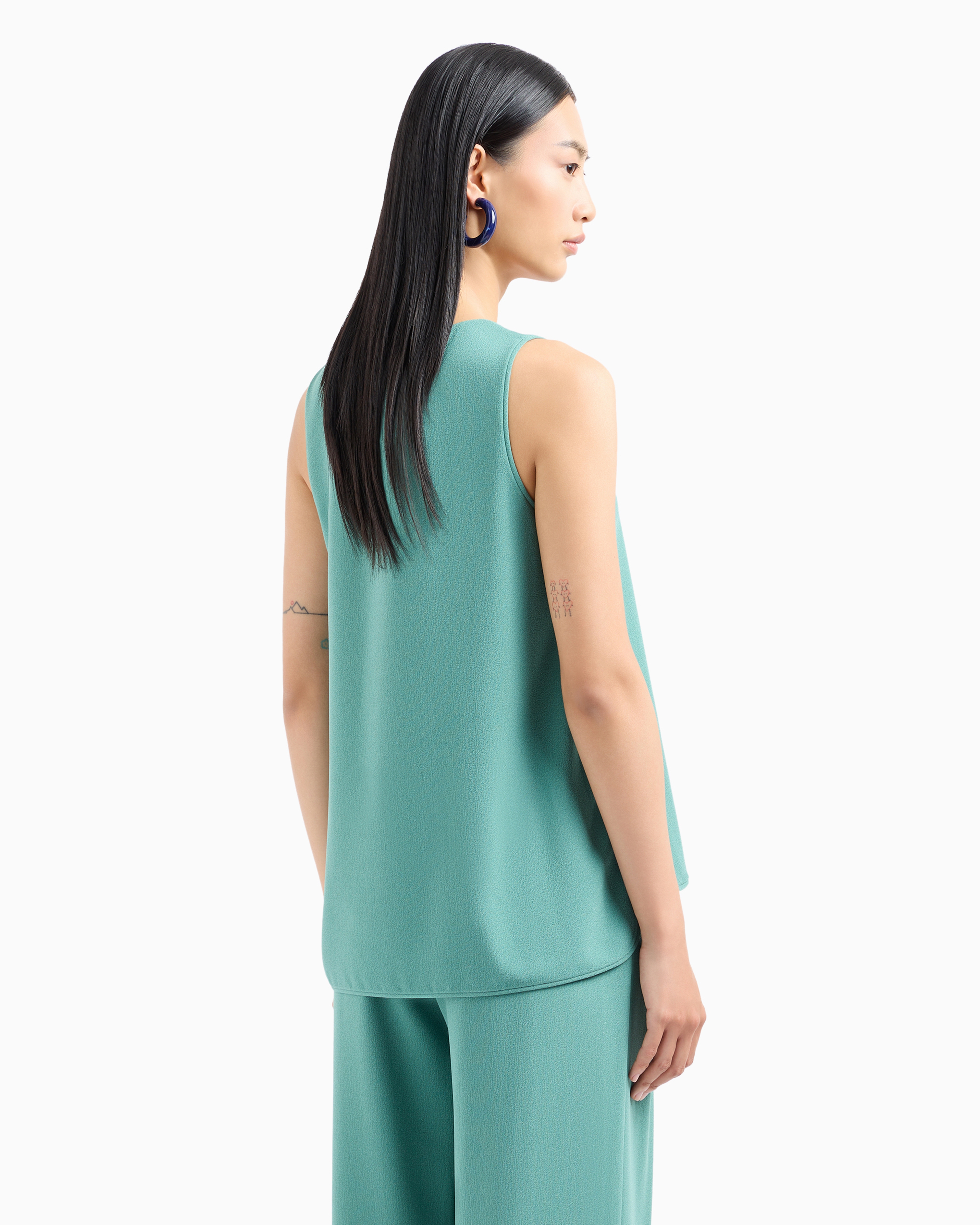 Emporio Armani Stretch Sablé Fabric Top With Side Slits In Green