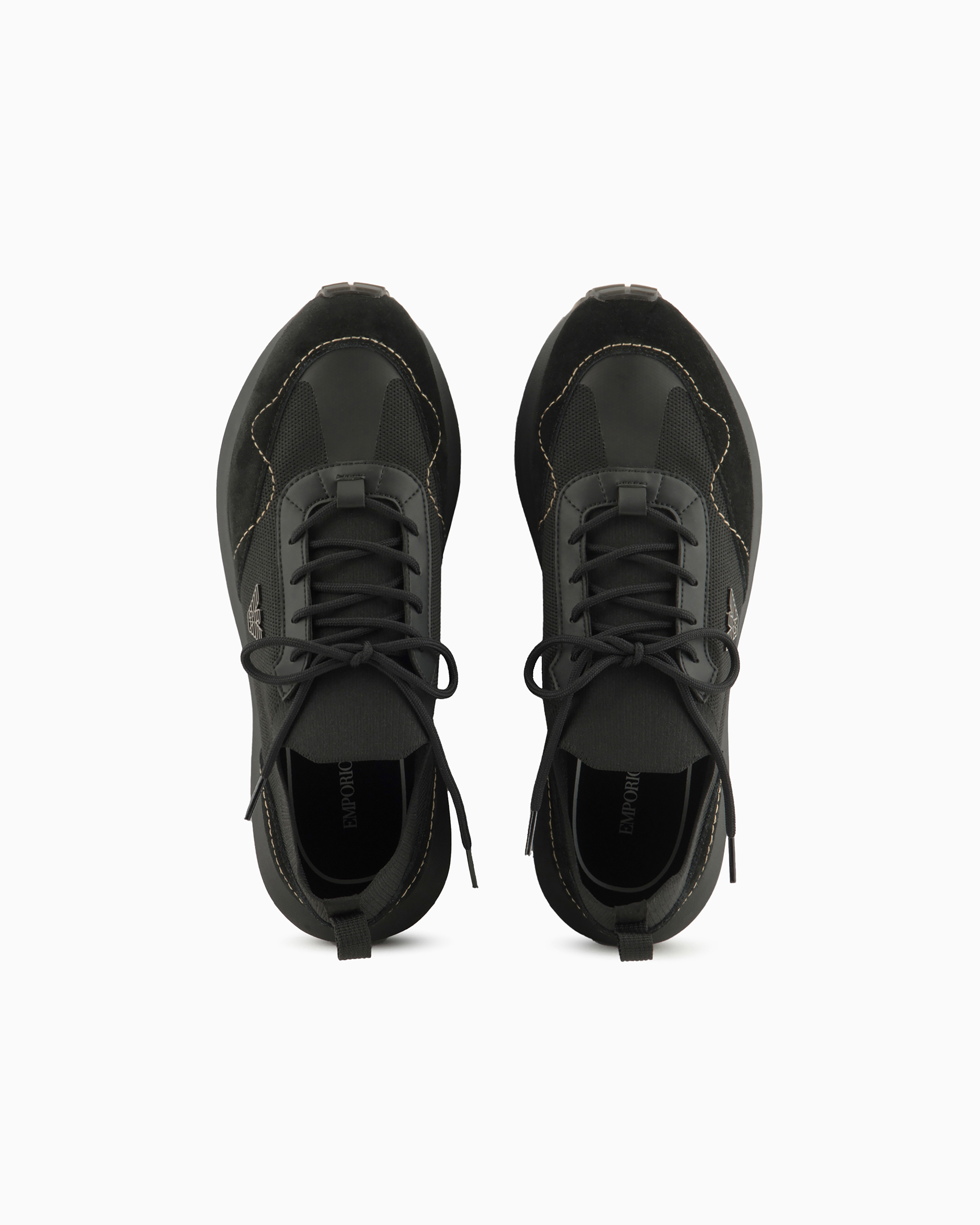 Emporio Armani Official Store Knit Sneakers With Suede Details In Black