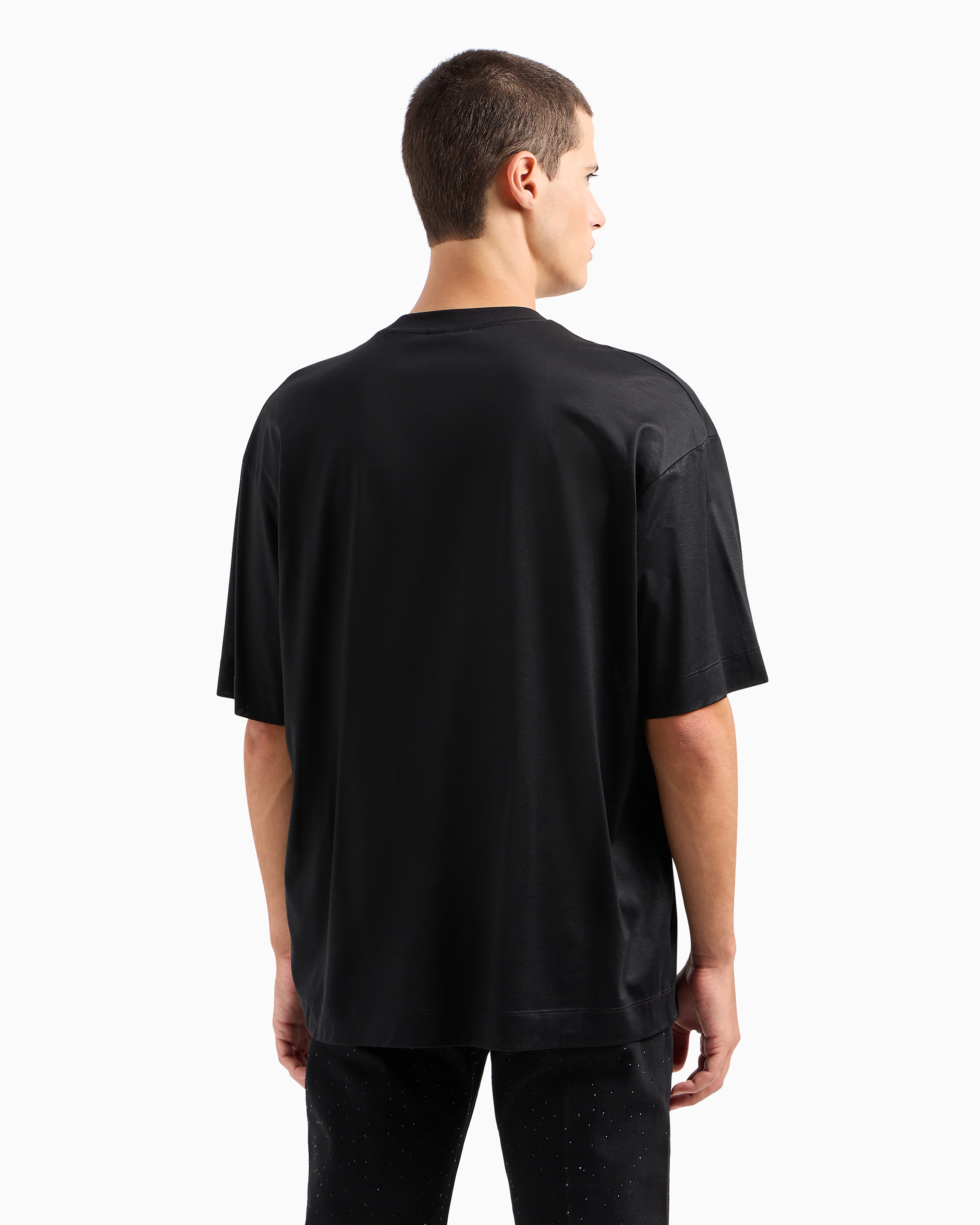 Emporio Armani Asv Clubwear Oversize T-shirt In Lyocell-blend Jersey With Rhinestone Patch And Embroidery In Black