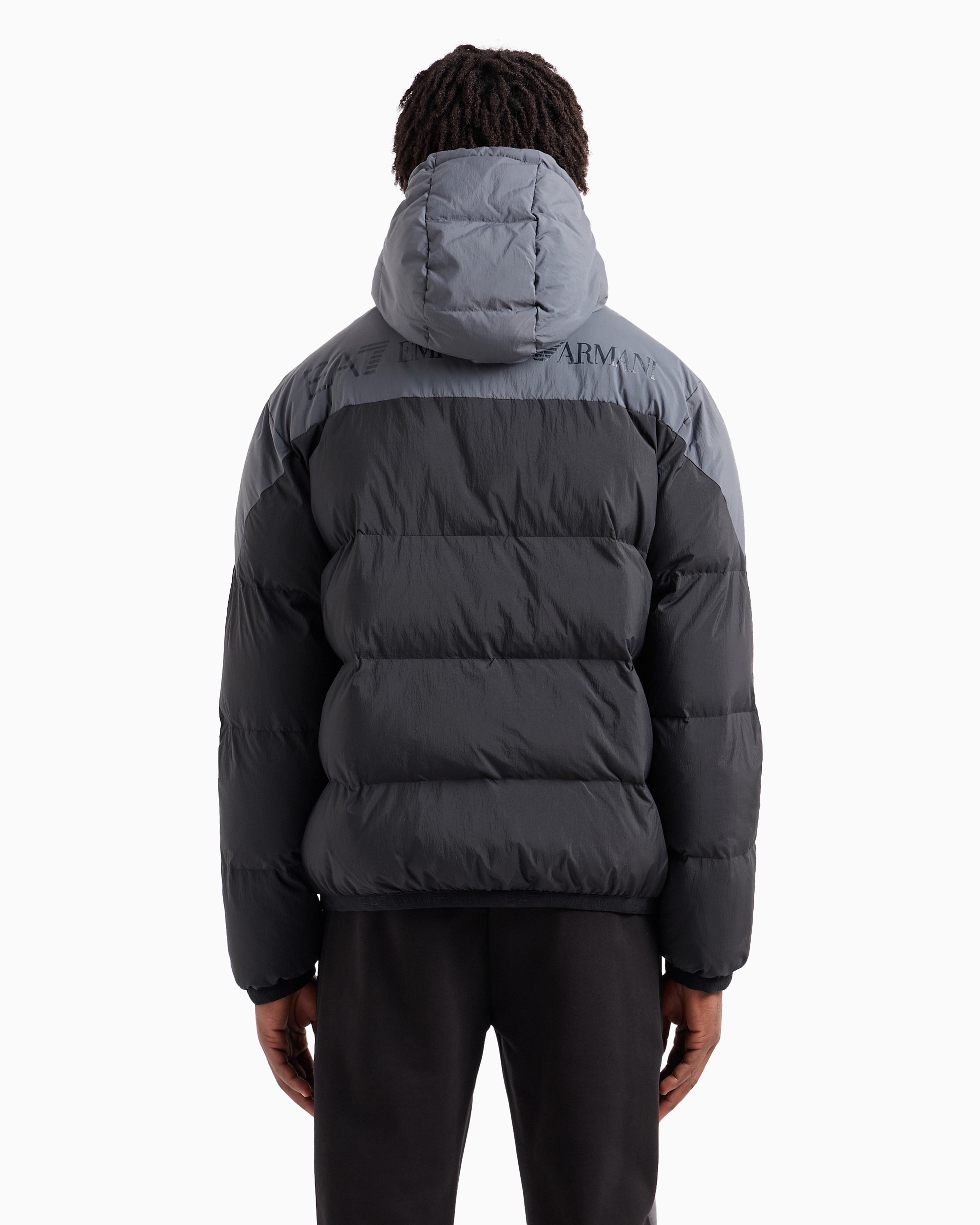 Ea7 Athletic Colour Block Padded Bomber With Hood In Black