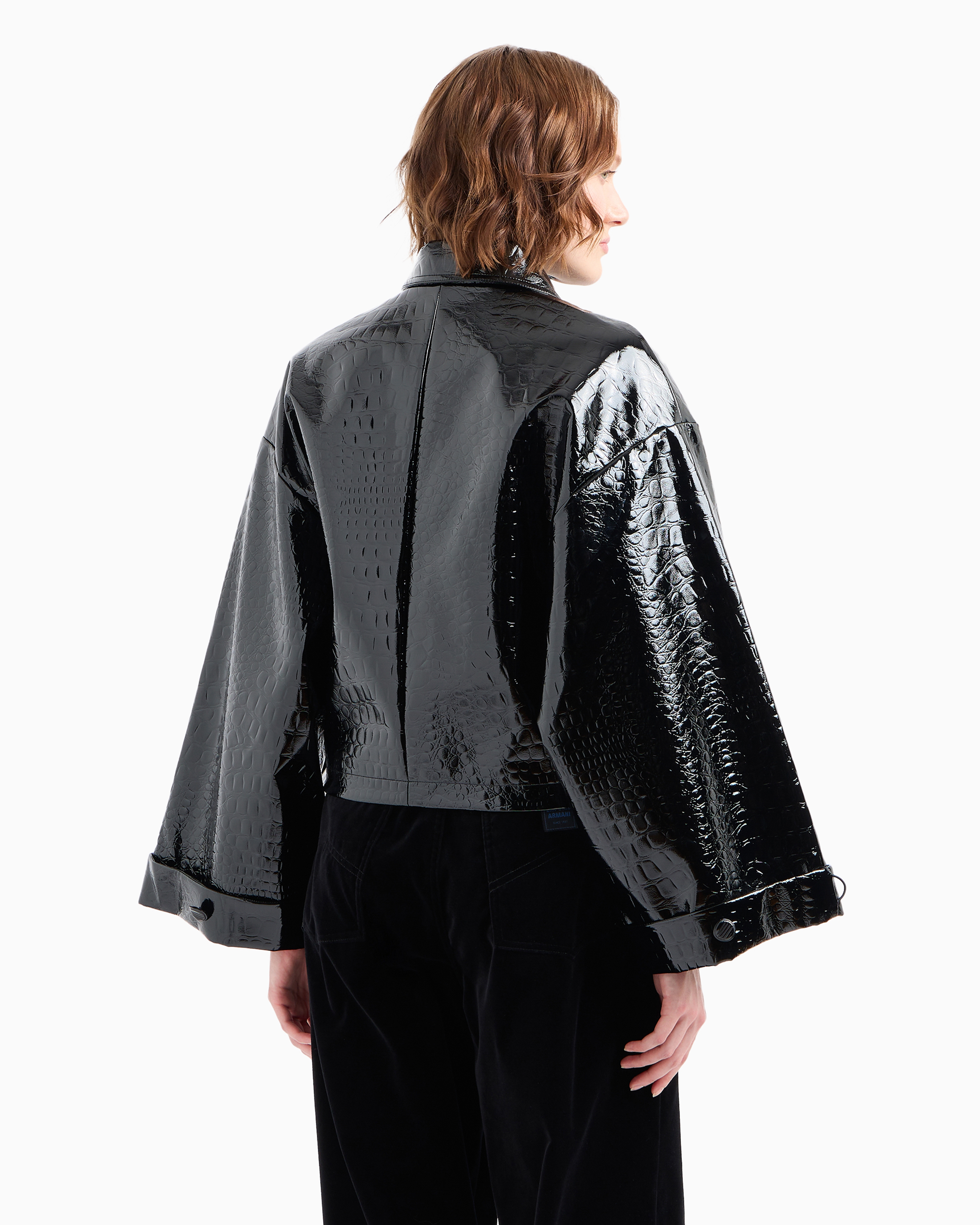 Shop Emporio Armani Mock Croc Vinyl Blouson With Kimono Sleeves In Noir