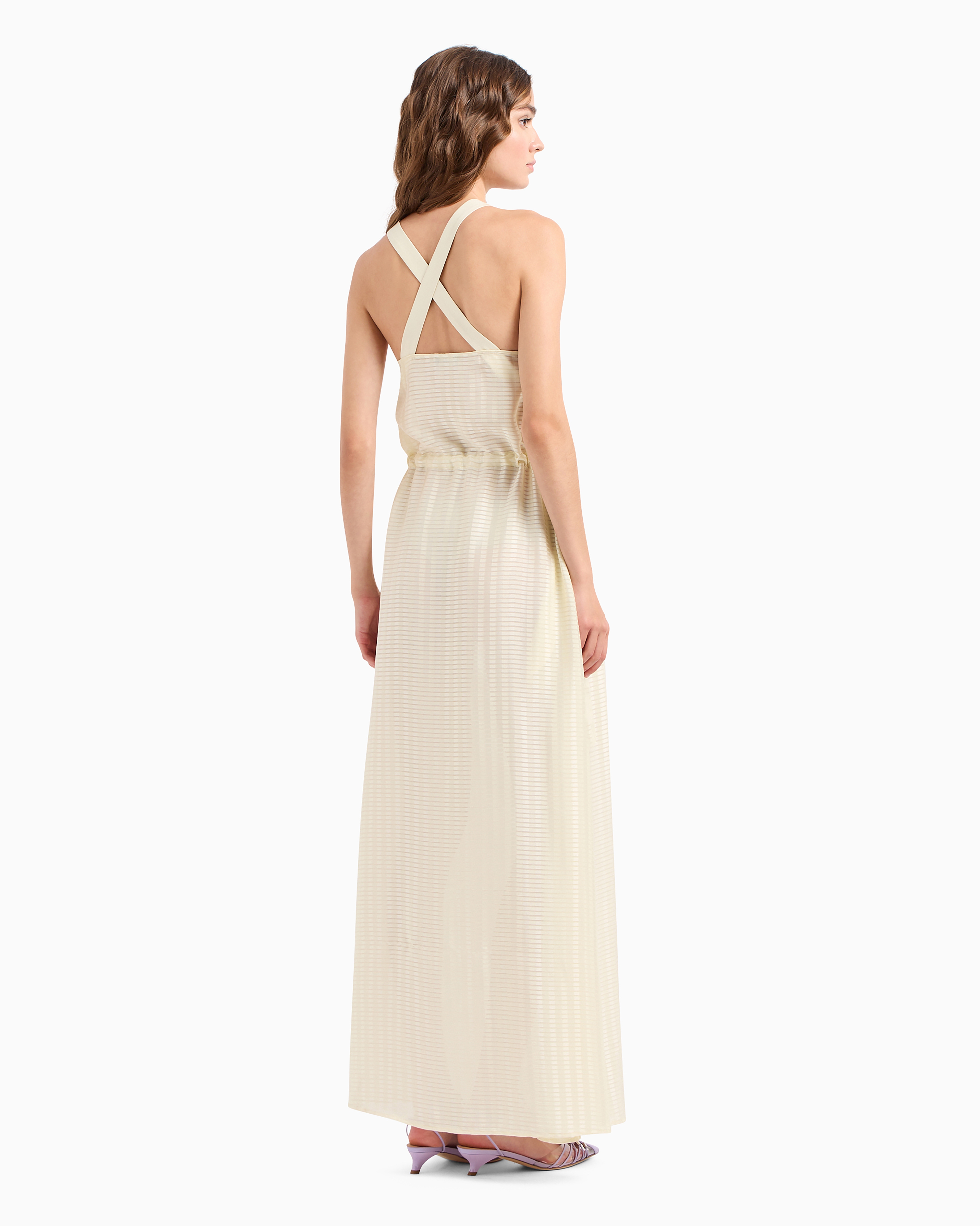 Emporio Armani Official Store Drawstring Dress With Crossover Shoulder Straps And All-over Rectangle Motif In Avorio