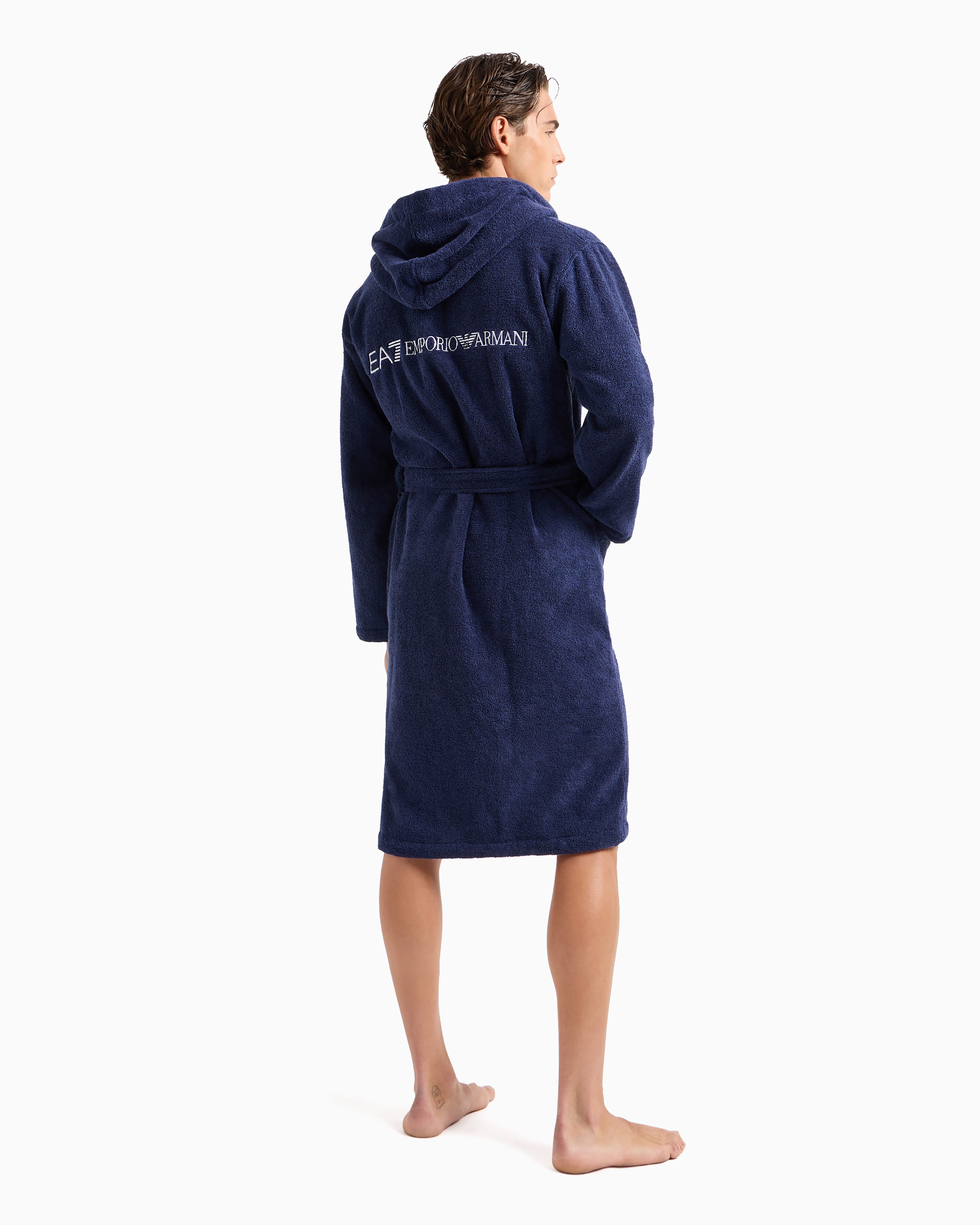 Shop Ea7 Cotton Terry Bathrobe In Navy Blue