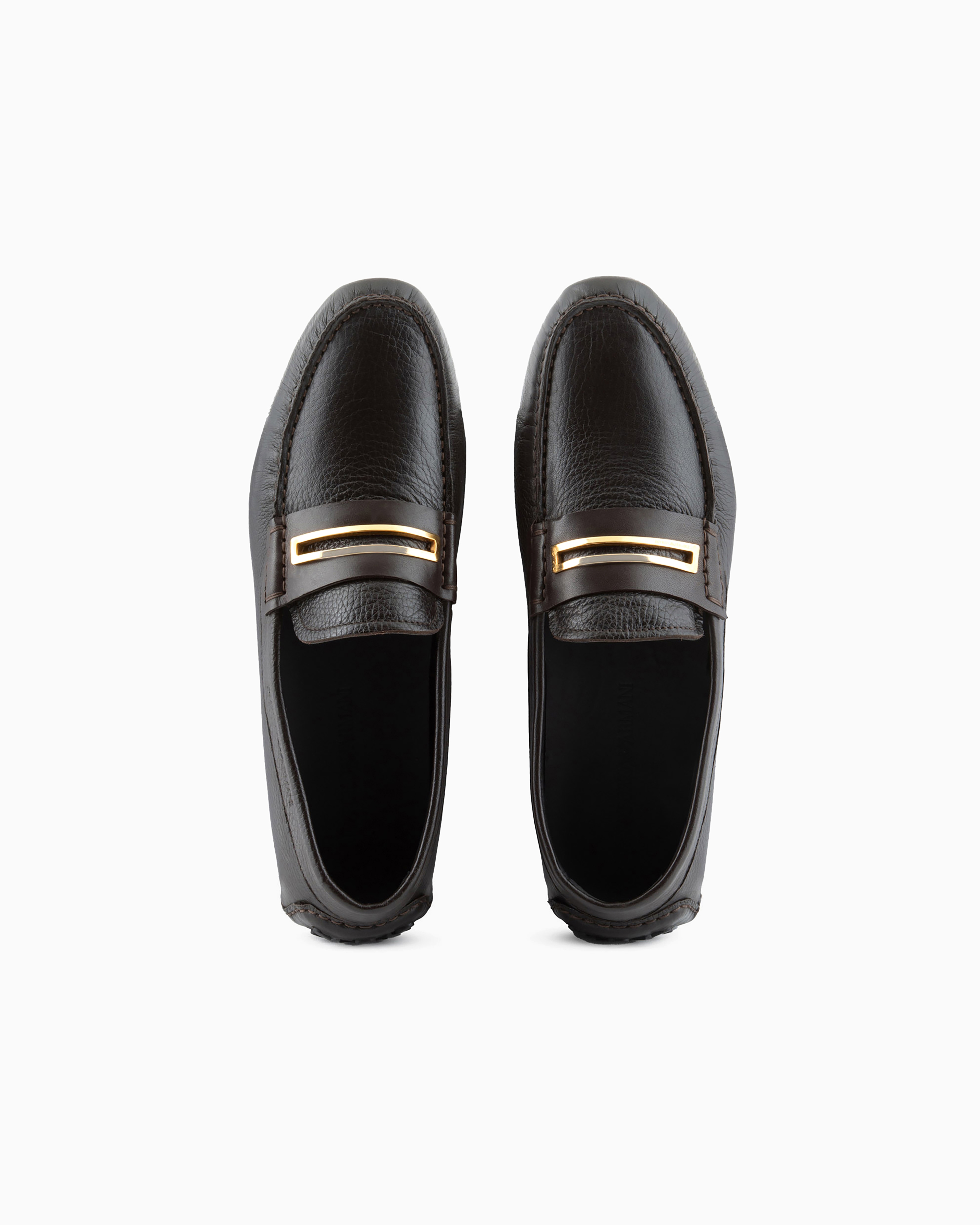 Emporio Armani Official Store Pebbled Leather Driving Loafers With Stirrup Bar In Brown