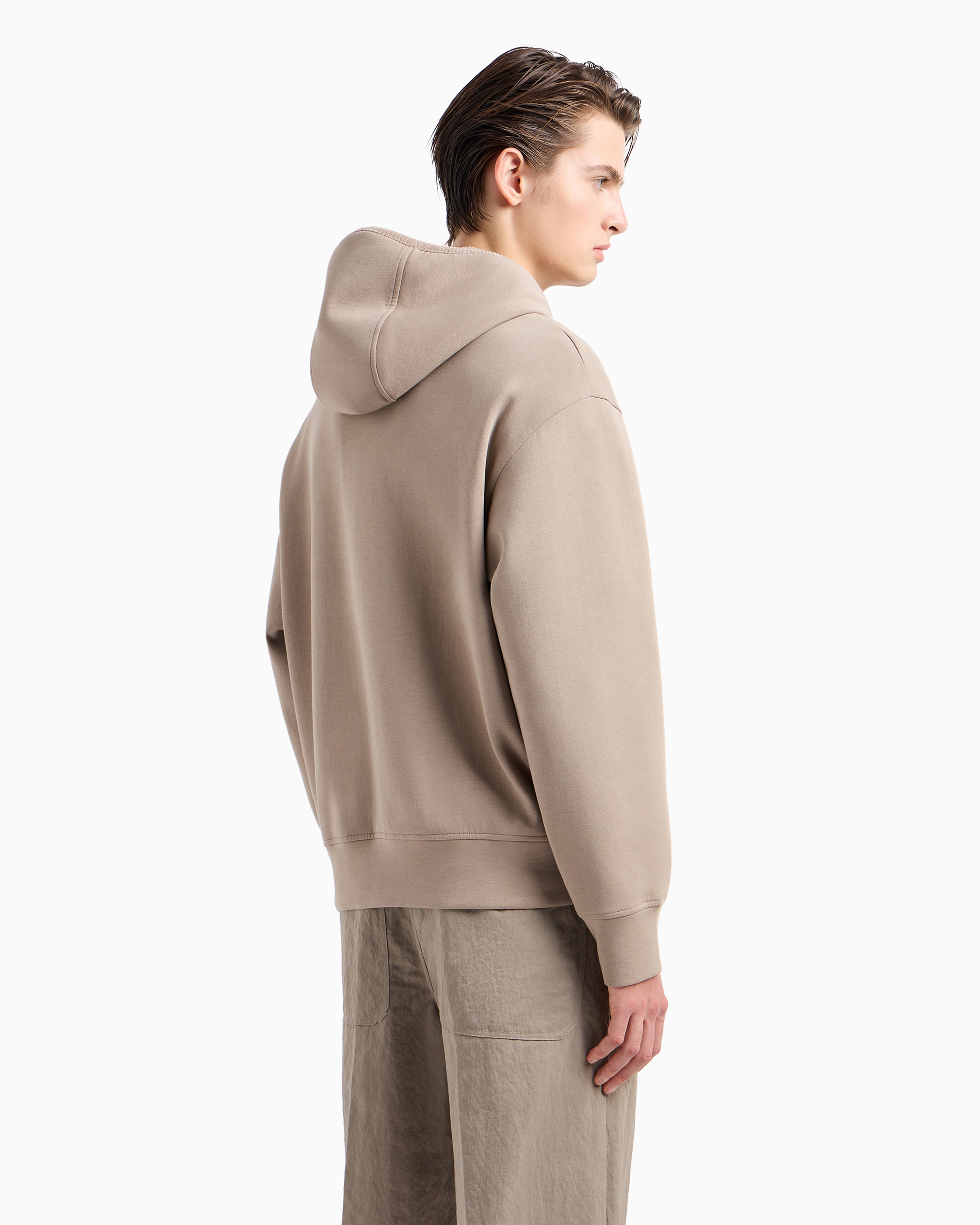 Shop Emporio Armani Double-jersey Hooded Zip-up Sweatshirt With Velour Details In Beige