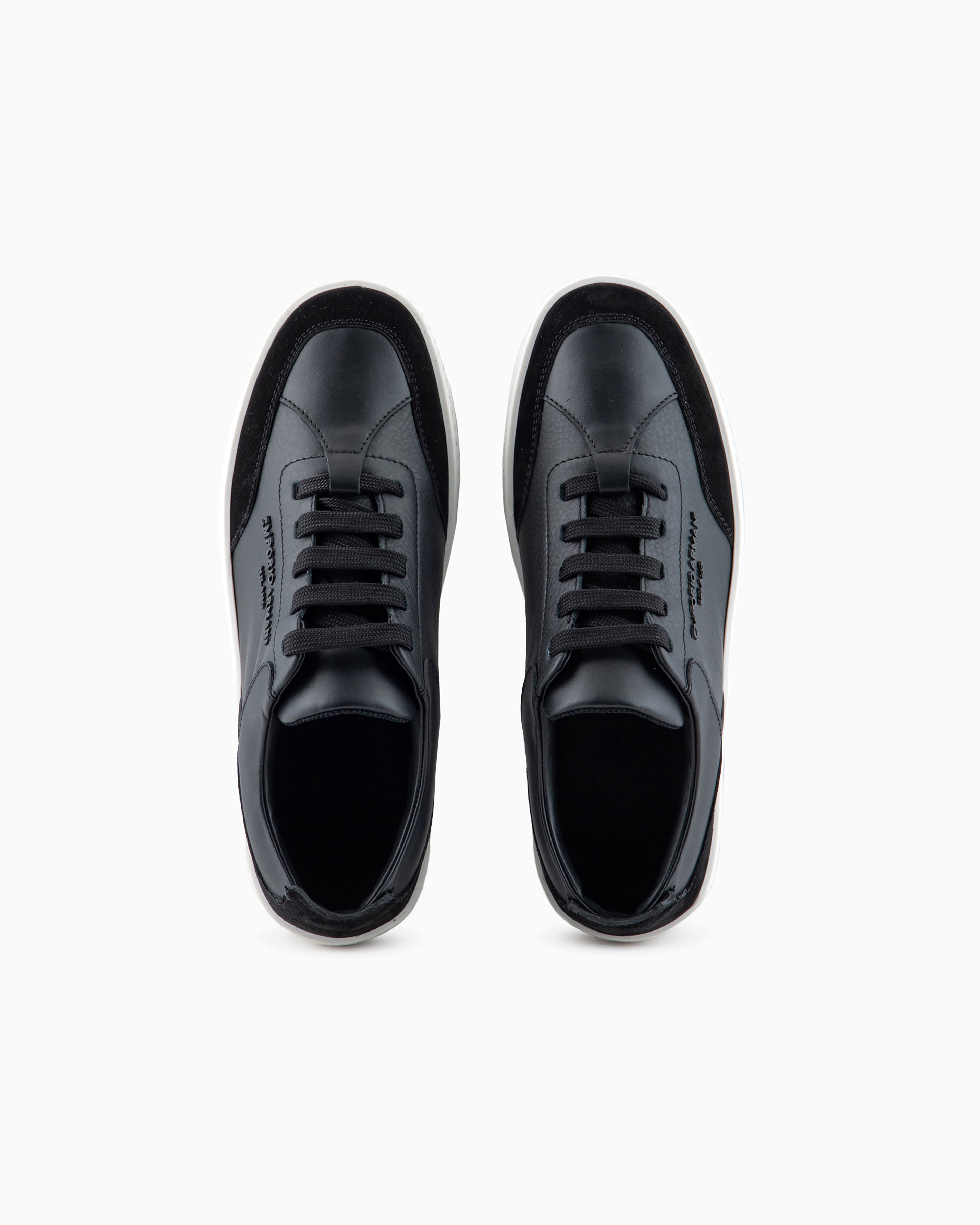 Emporio Armani Official Store Leather Sneakers With Suede Details And Embossed Logo In Black