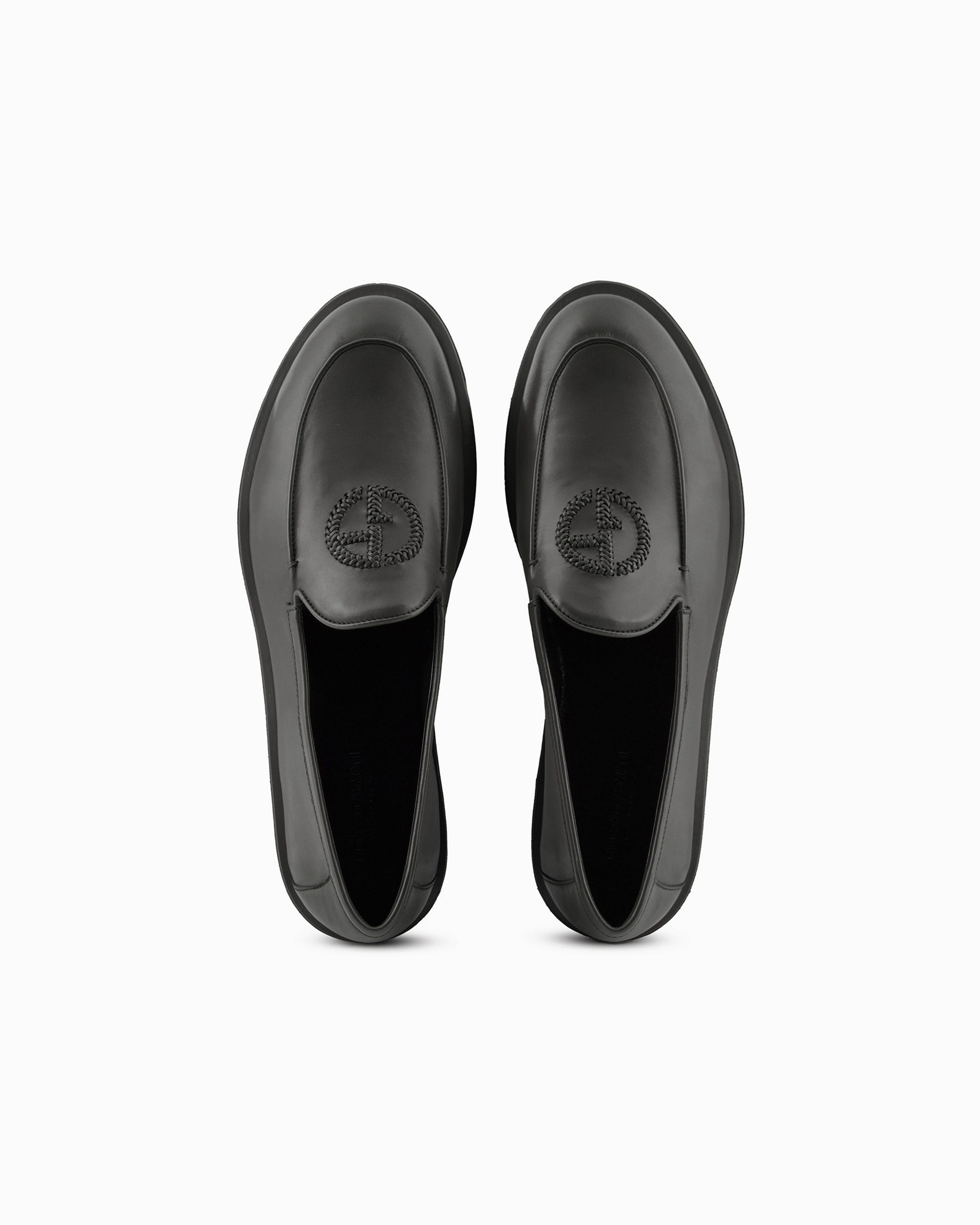 Giorgio Armani Official Store Vintage Nappa Leather Loafers With Embroidered Logo In Green