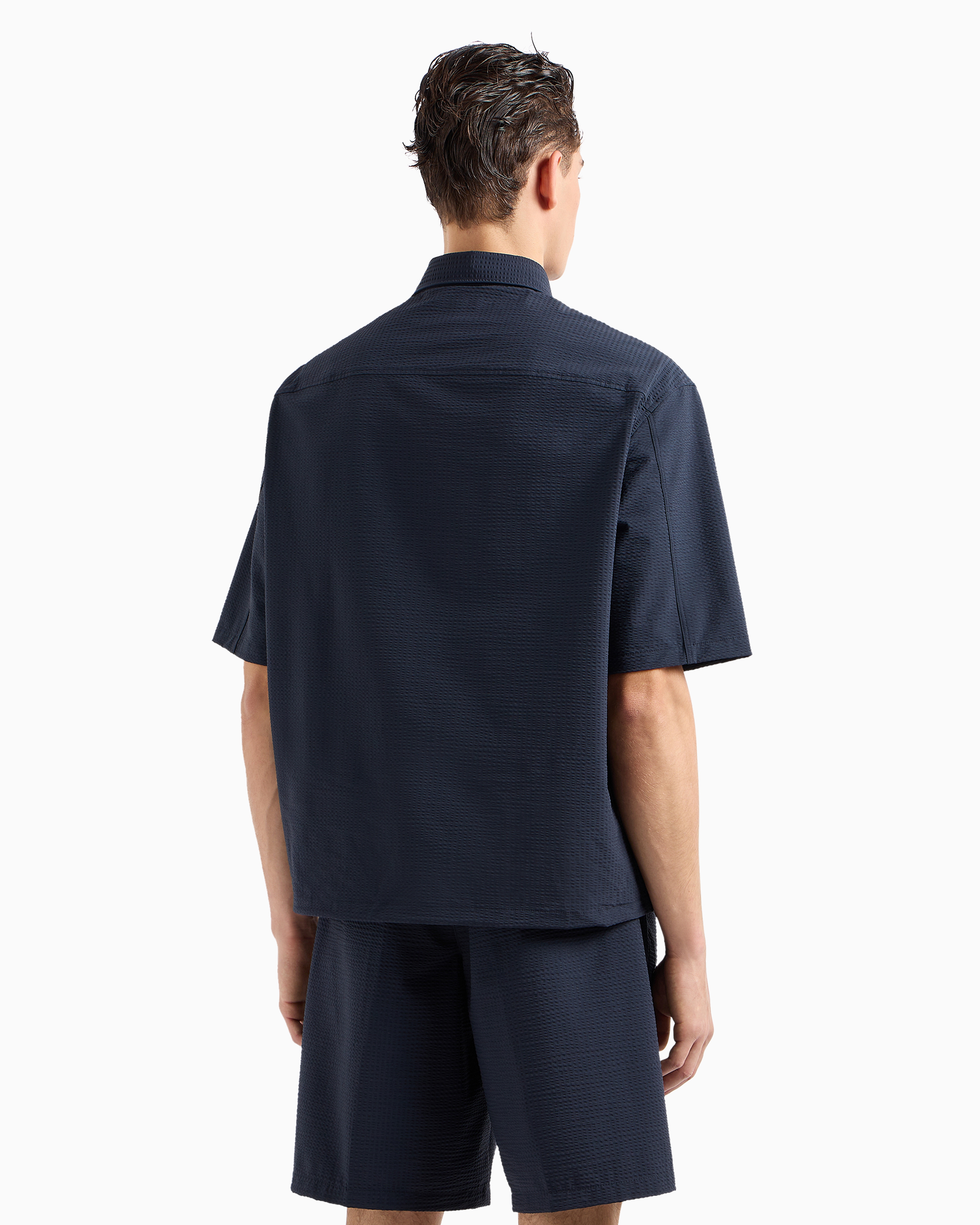 Shop Emporio Armani Short-sleeved Oversized Shirt In Technical Seersucker In Navy Blue