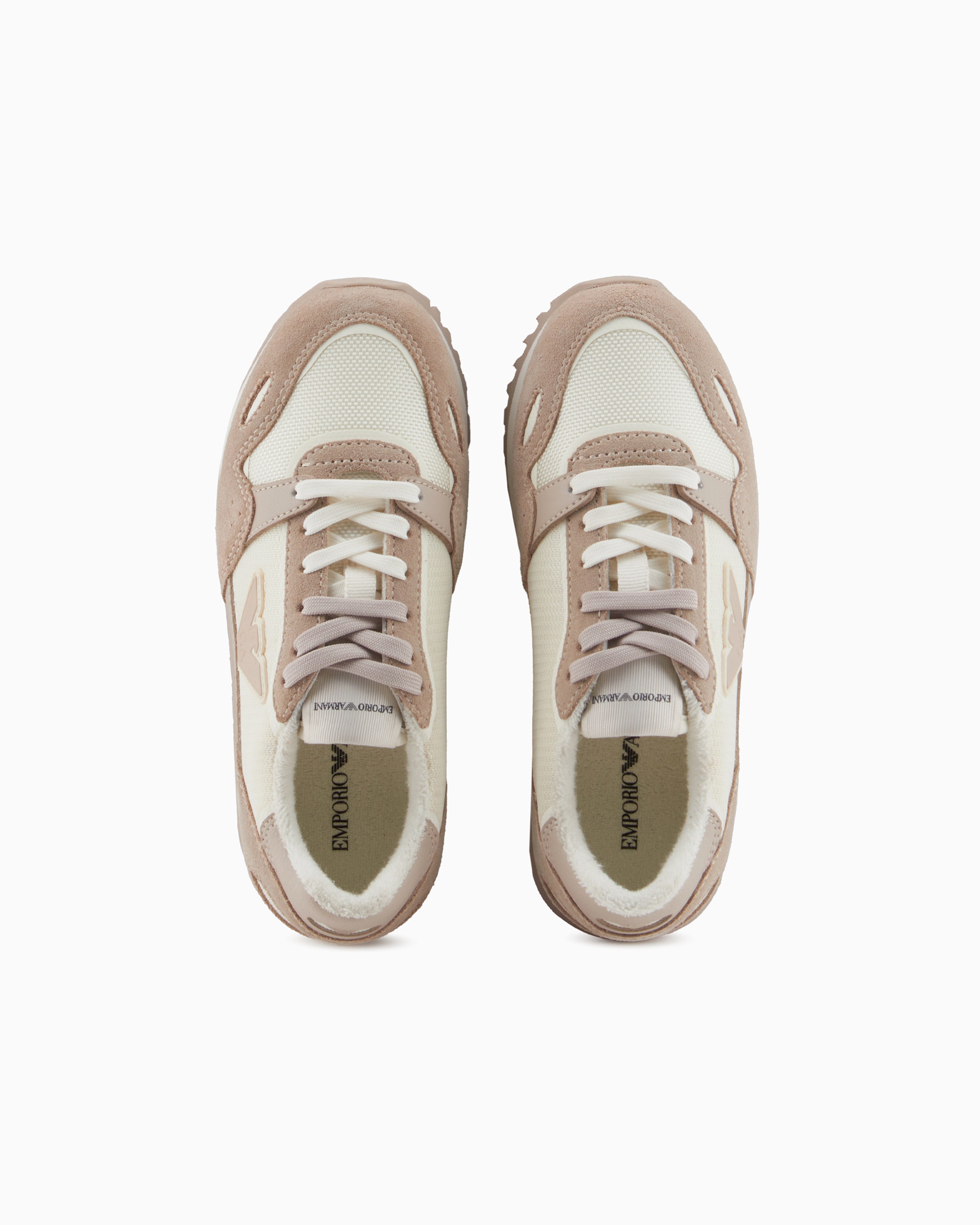 Emporio Armani Official Store Suede And Mesh Sneakers With Eagle In Beige Logo