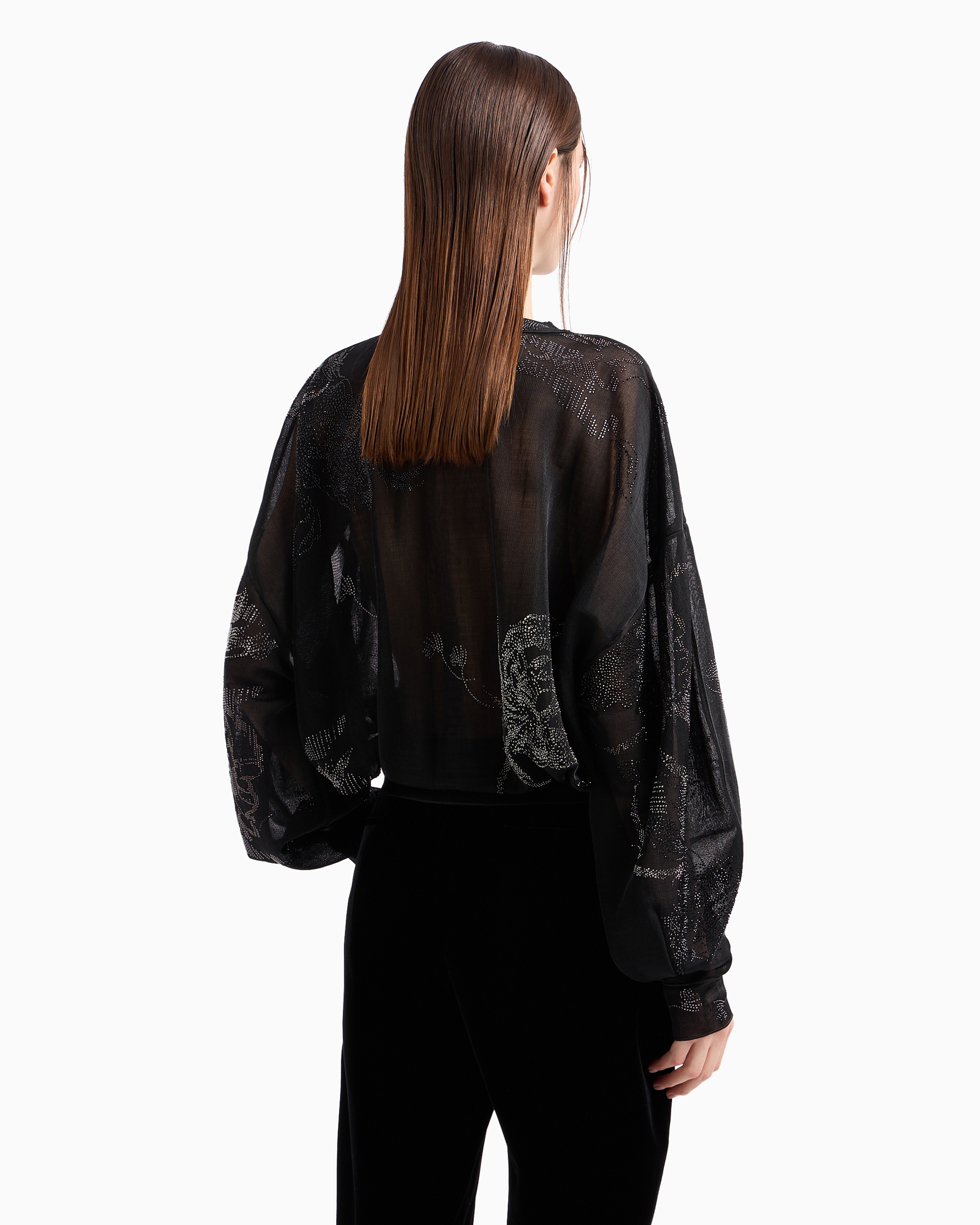 Giorgio Armani Sheer Interlock Shirt With Swarovski Embroidery In Black