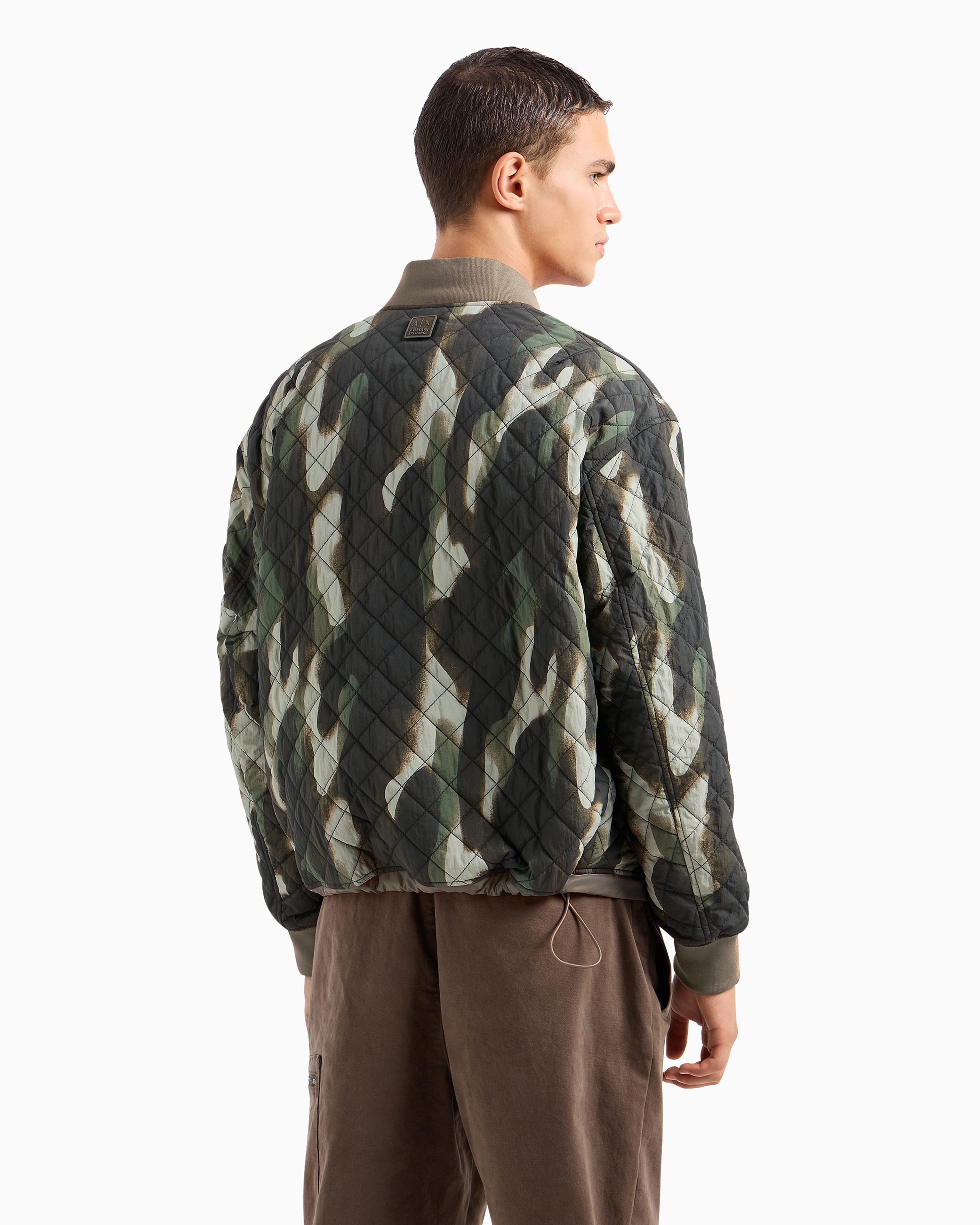 Shop Armani Exchange Bomber Jacket In Crinkle Camouflage Fabric With Contrasting Details In Verde Scuro 1