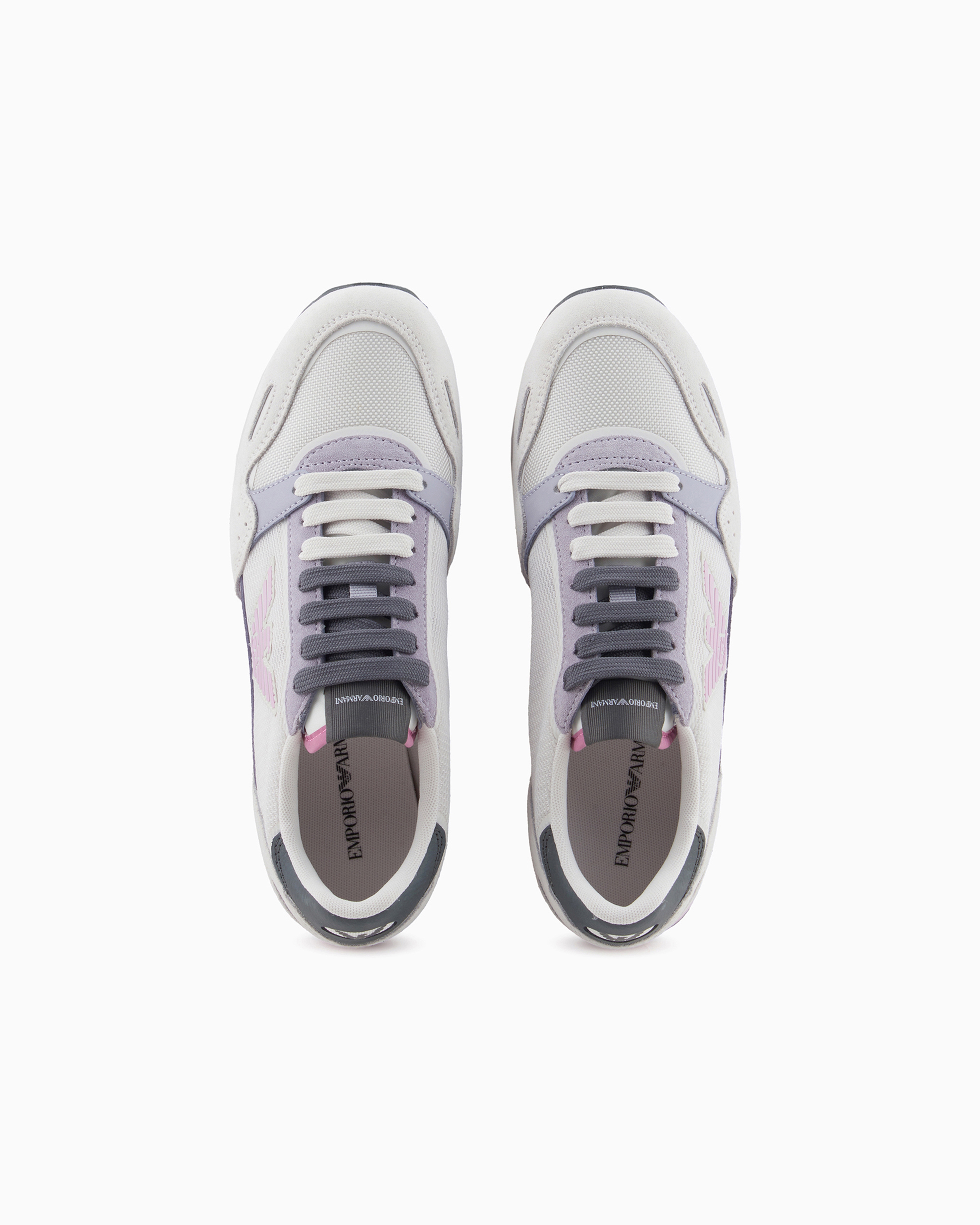 Emporio Armani Official Store Mesh Sneakers With Suede Details And Eagle Patch In Light Gray