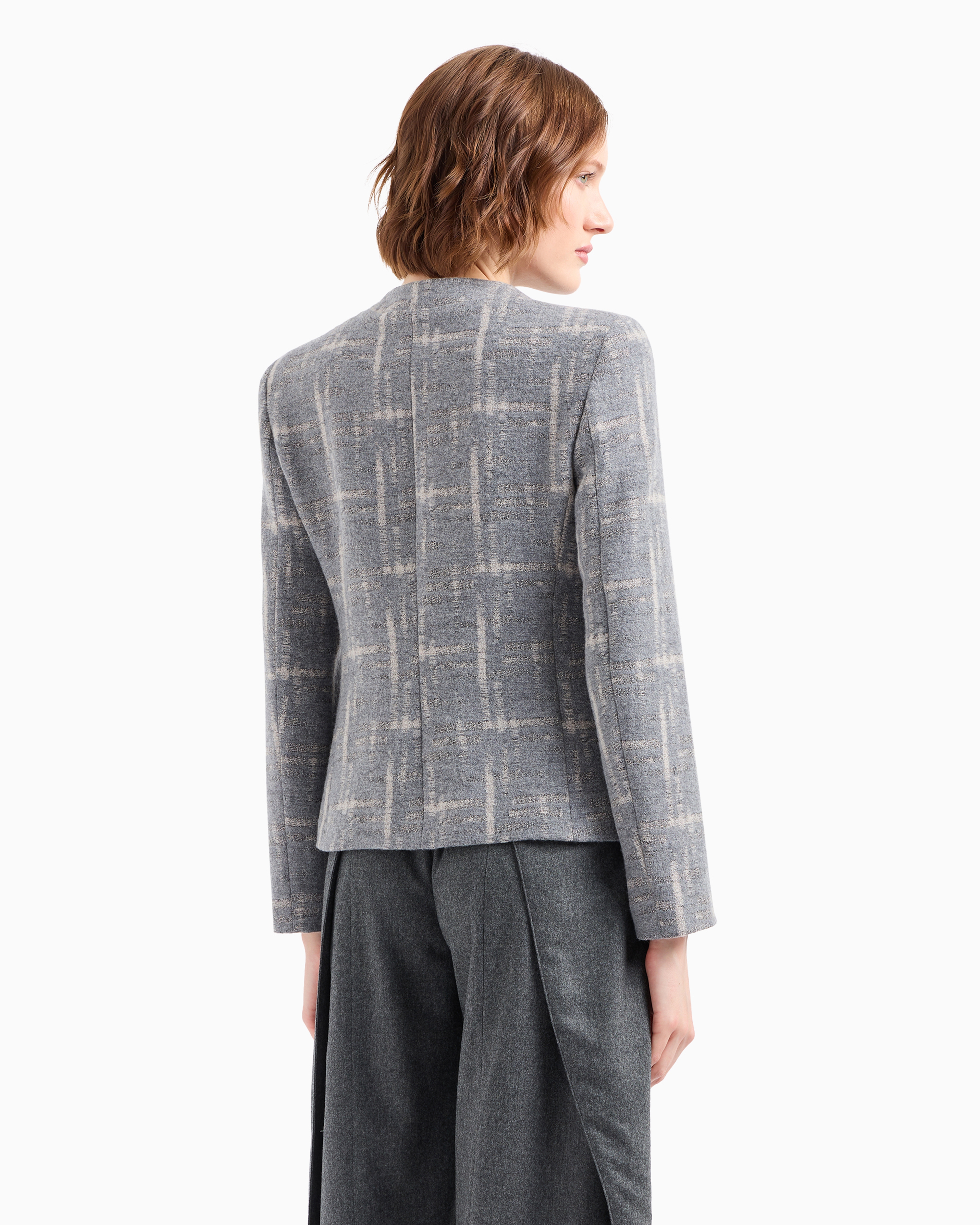 Shop Emporio Armani Icon Jacket In A Brushed Wool Blend With A Jacquard Check Pattern In Gris