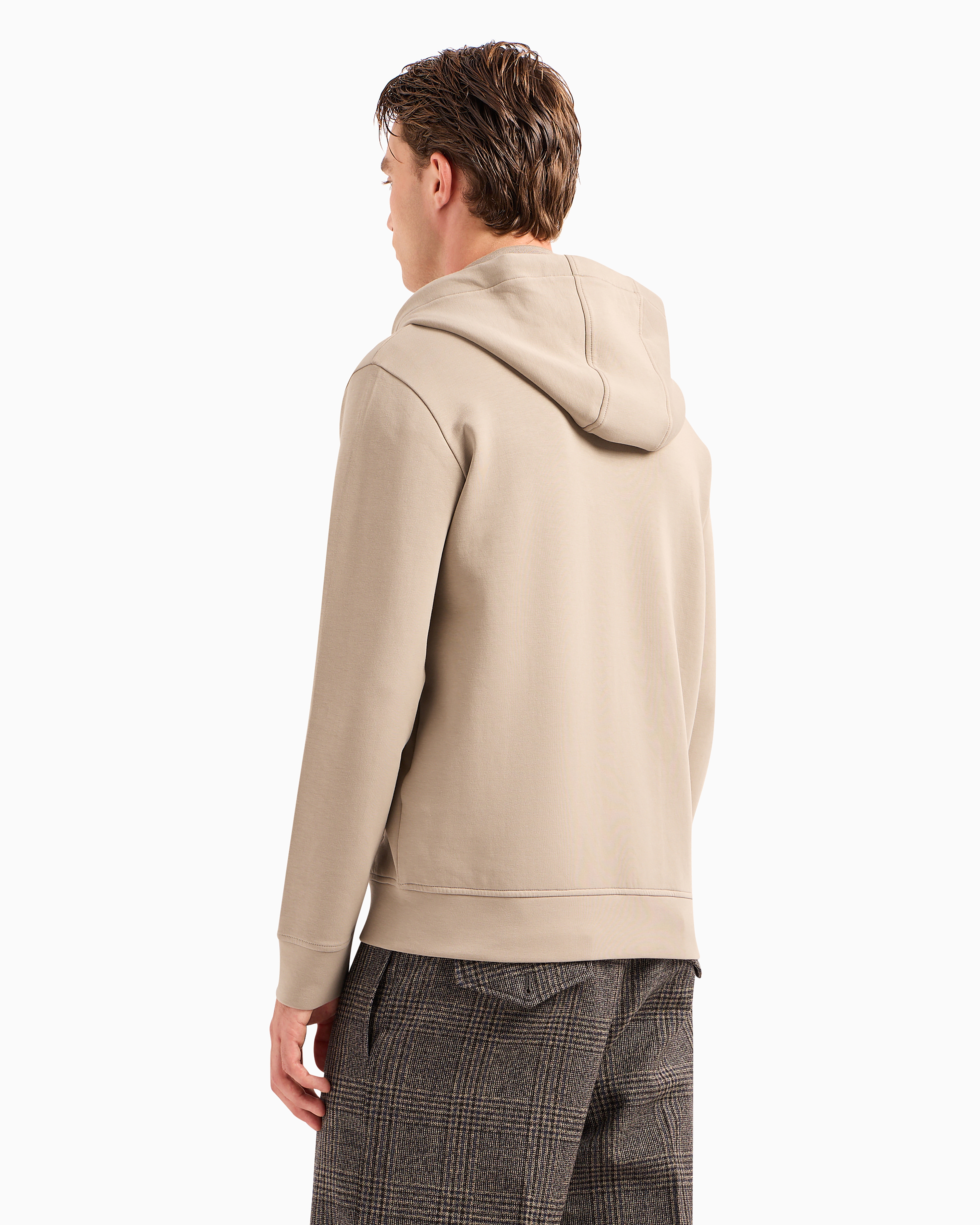 Emporio Armani Double-jersey Zip-up Hooded Sweatshirt With Embossed, Embroidered Ea Logo In Beige