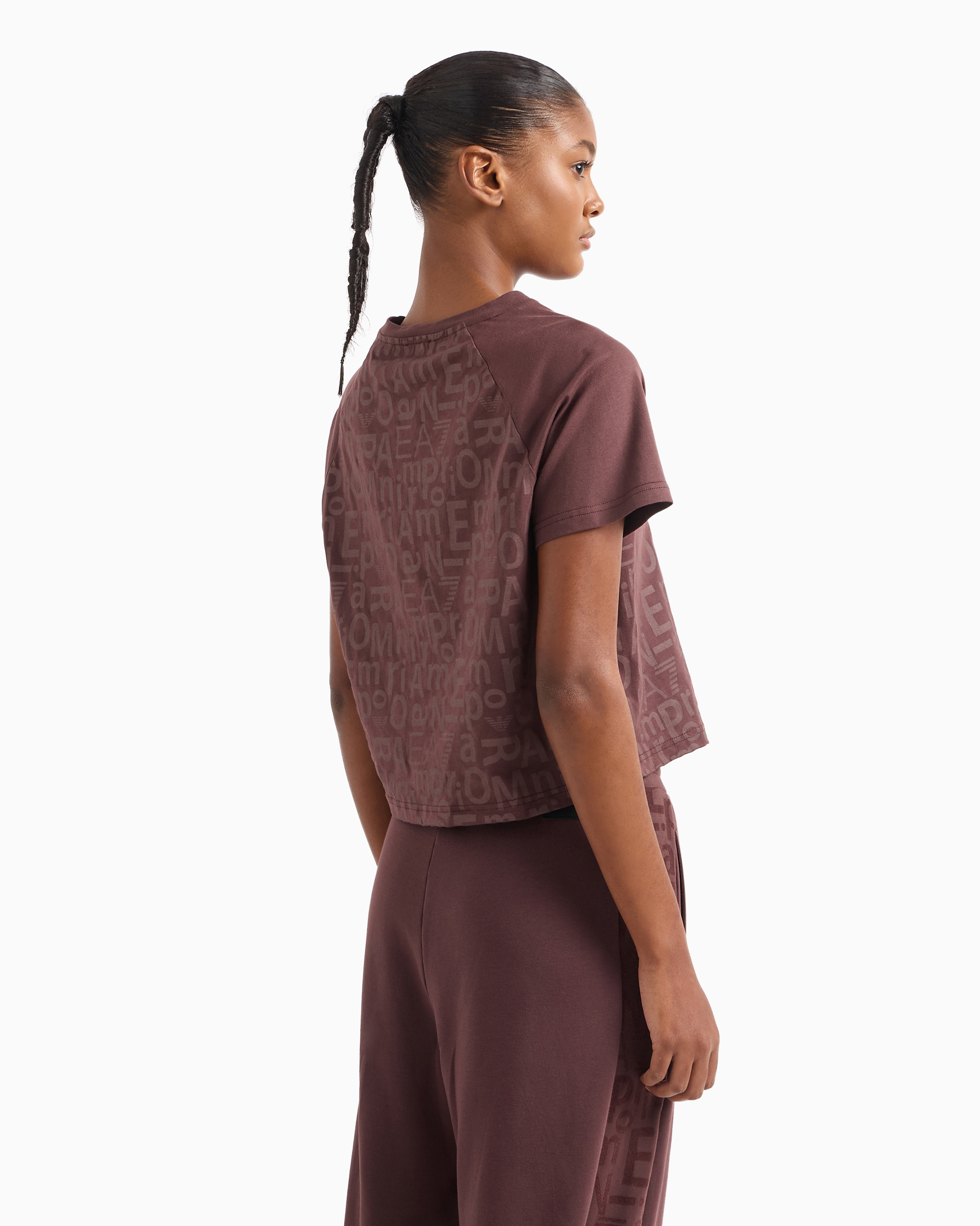 Ea7 Graphic Series Stretch-cotton Cropped T-shirt With All-over Print In Brown