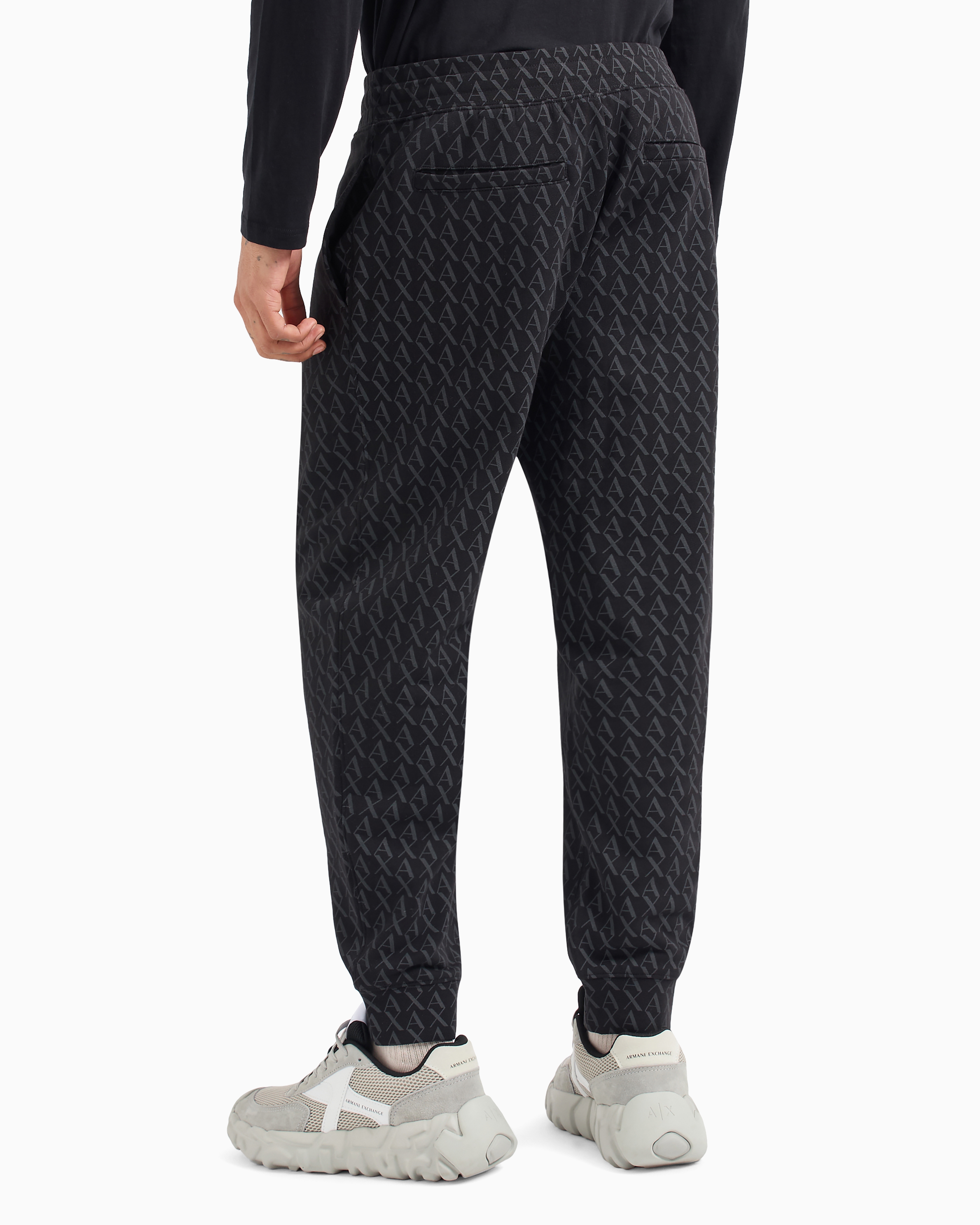 Armani Exchange Jogger Pants In Fabric With Allover Logo Pattern In Black