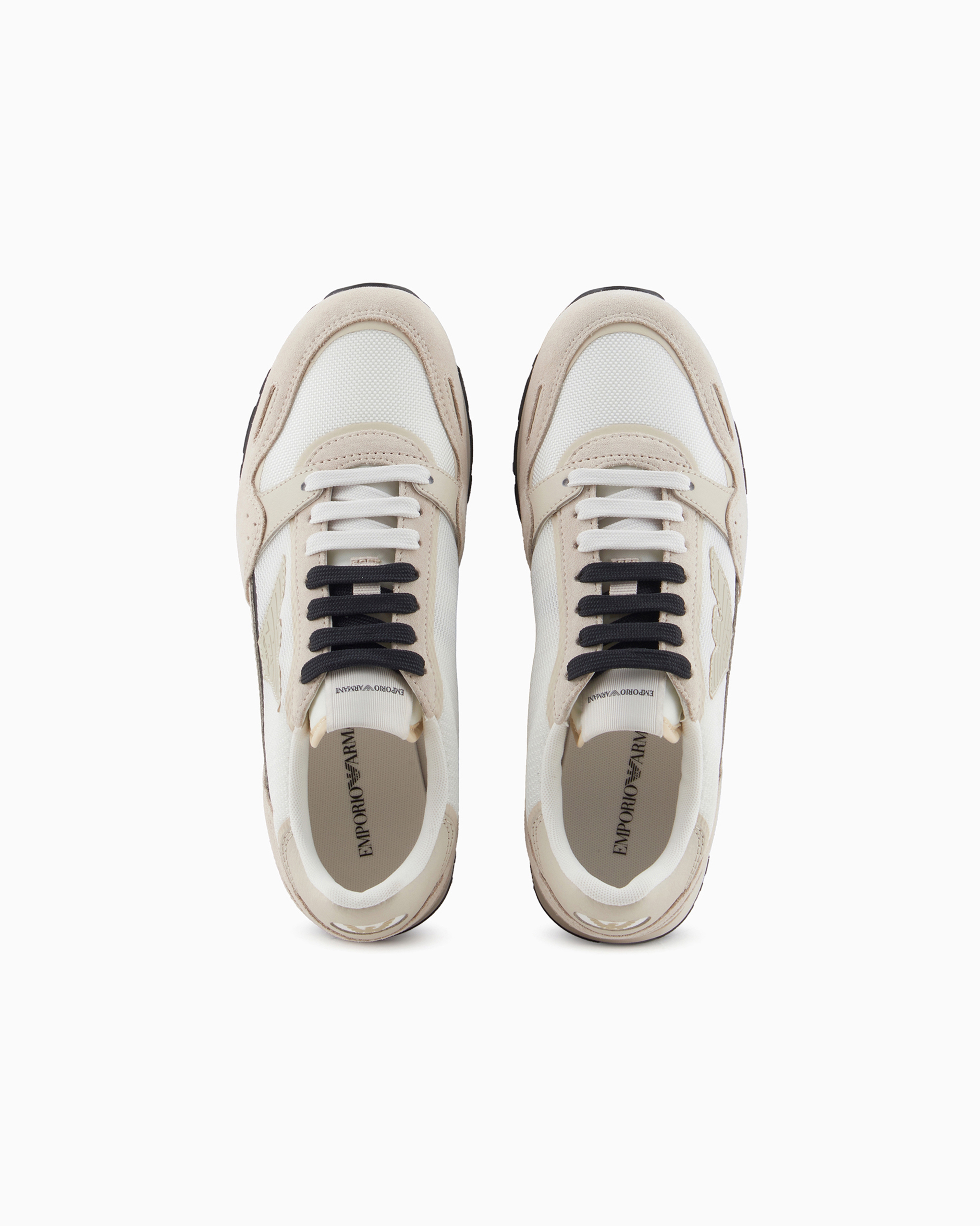 Shop Emporio Armani Mesh Sneakers With Suede Details And Eagle Patch In Beige