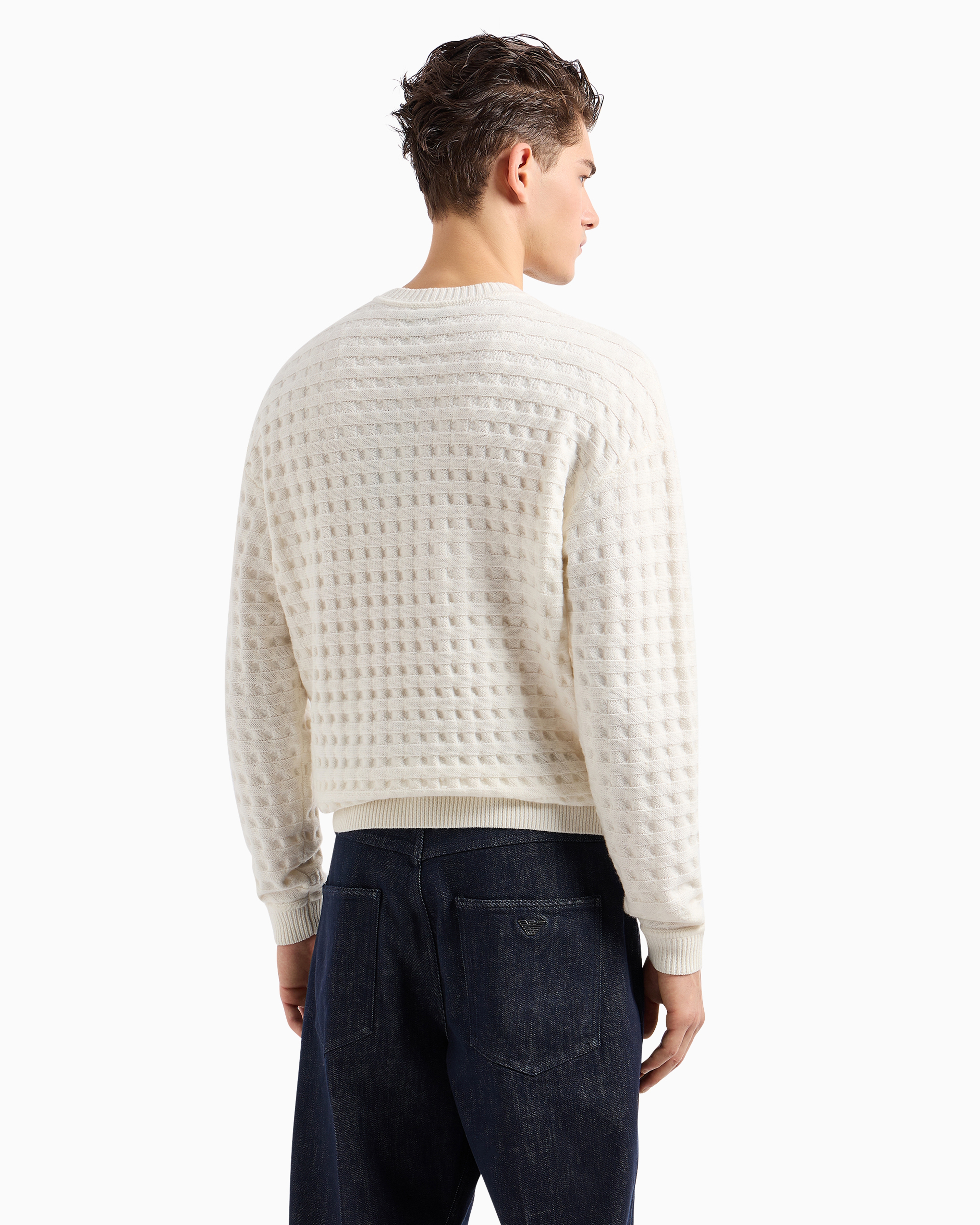 Shop Emporio Armani Virgin Wool Jumper With Embossed Jacquard Motif In White