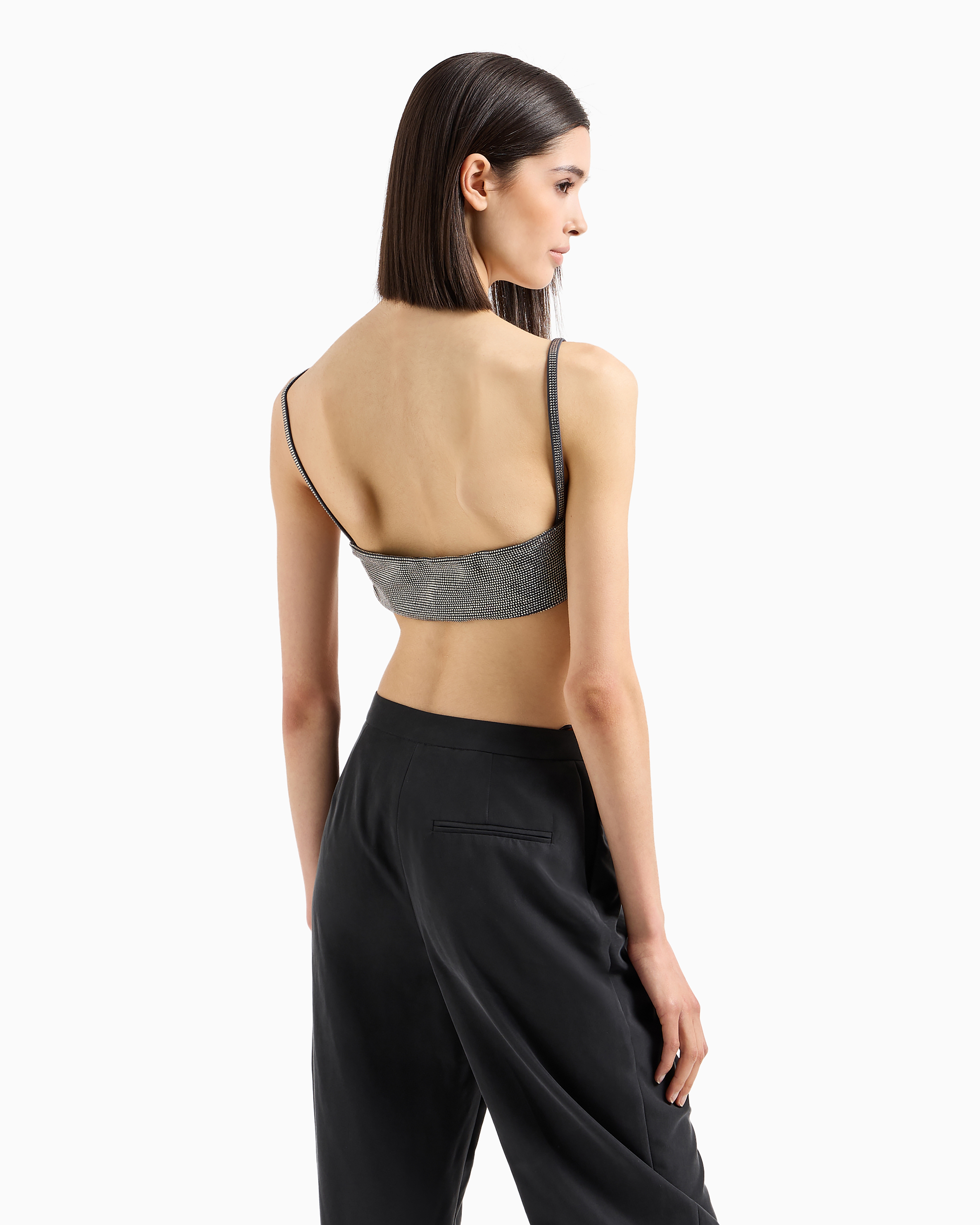 Emporio Armani Official Store Rhinestone-covered Bandeau Top With Shoulder Straps In Blue