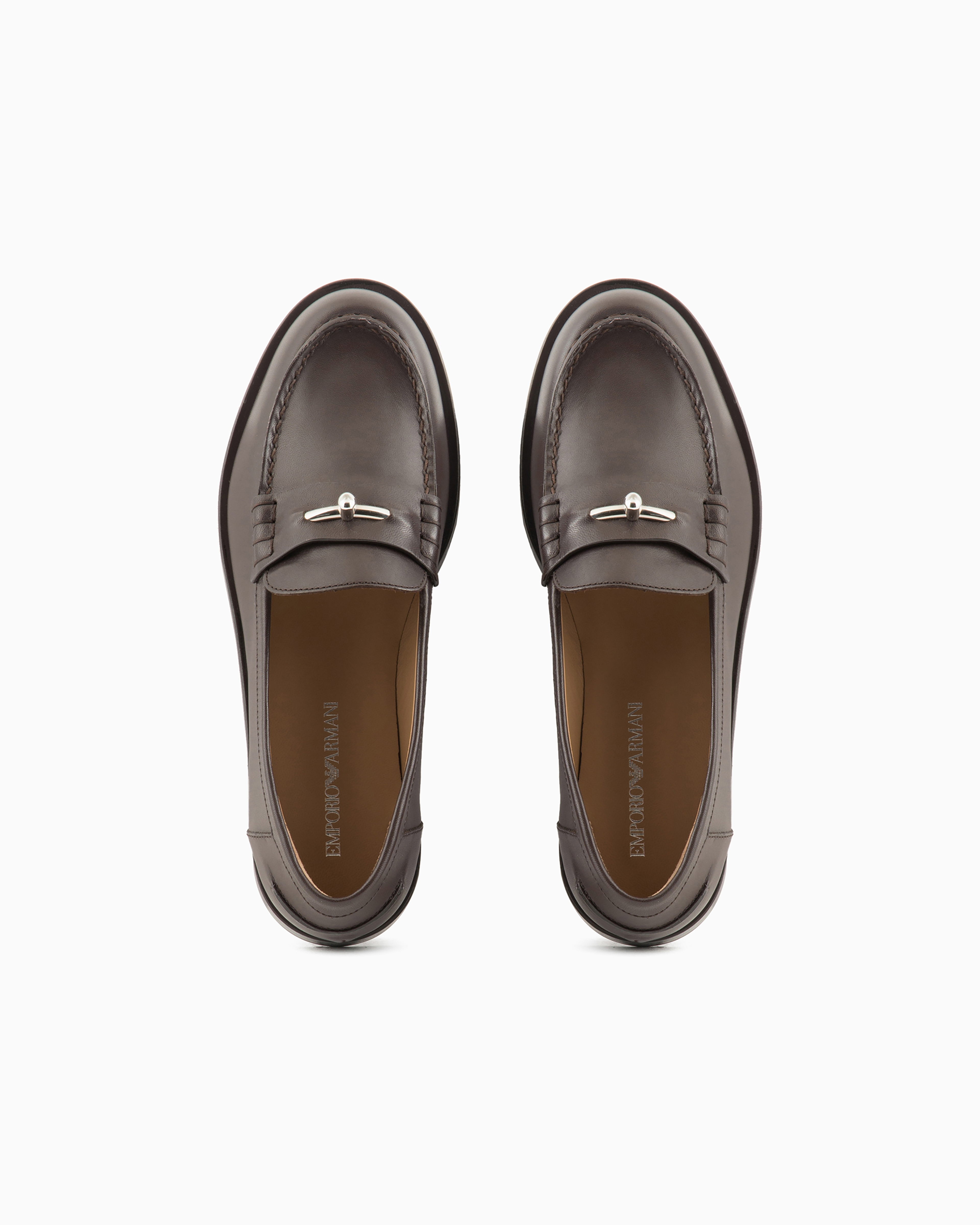 Emporio Armani Official Store Leather Loafers With Icon Stirrup In Brown