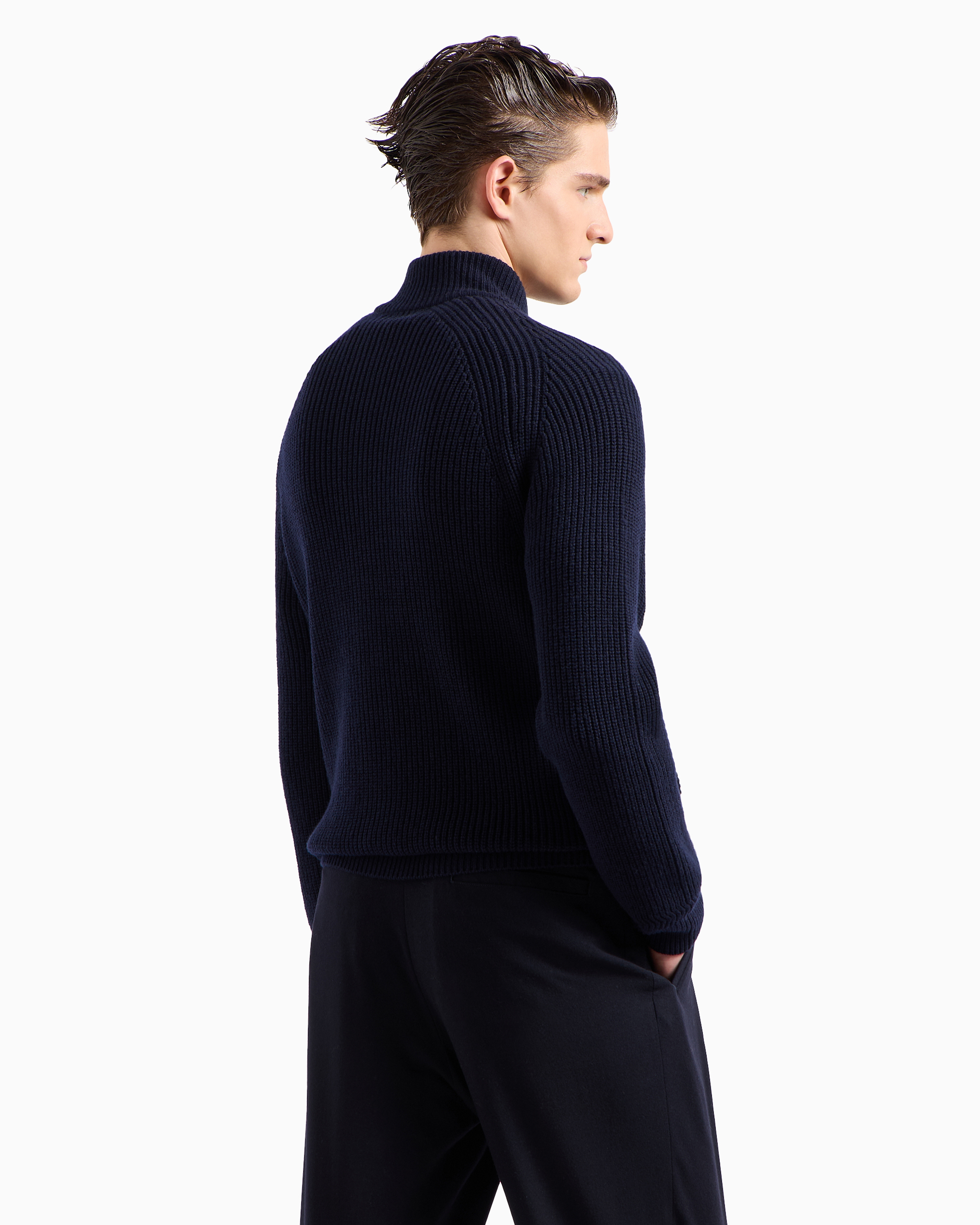 Shop Giorgio Armani Virgin Wool And Cashmere Blouson In A Half Fisherman's Rib Knit In Blue