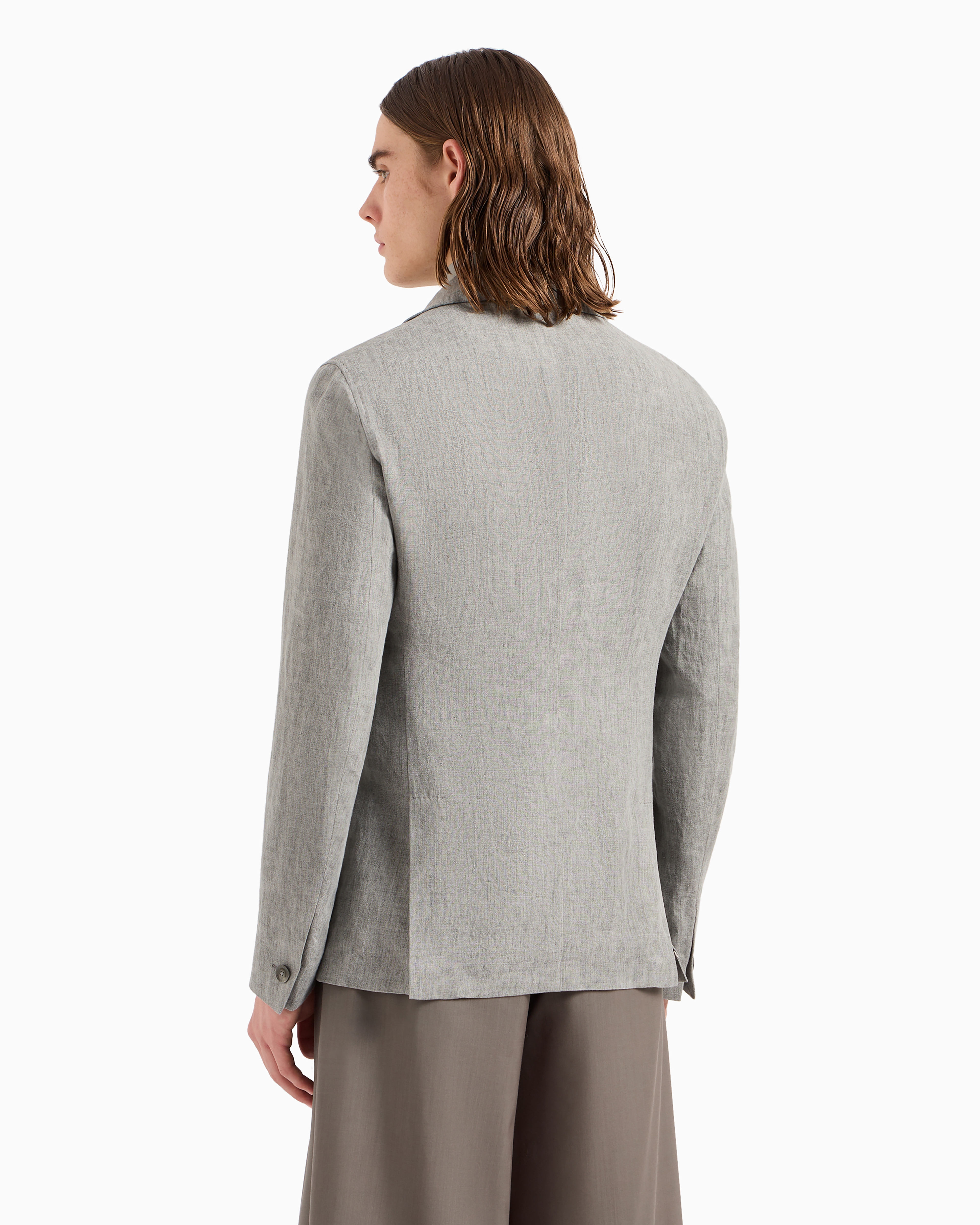 Shop Emporio Armani Single-breasted Jacket In Faded Linen With A Crêpe Texture In Light Grey