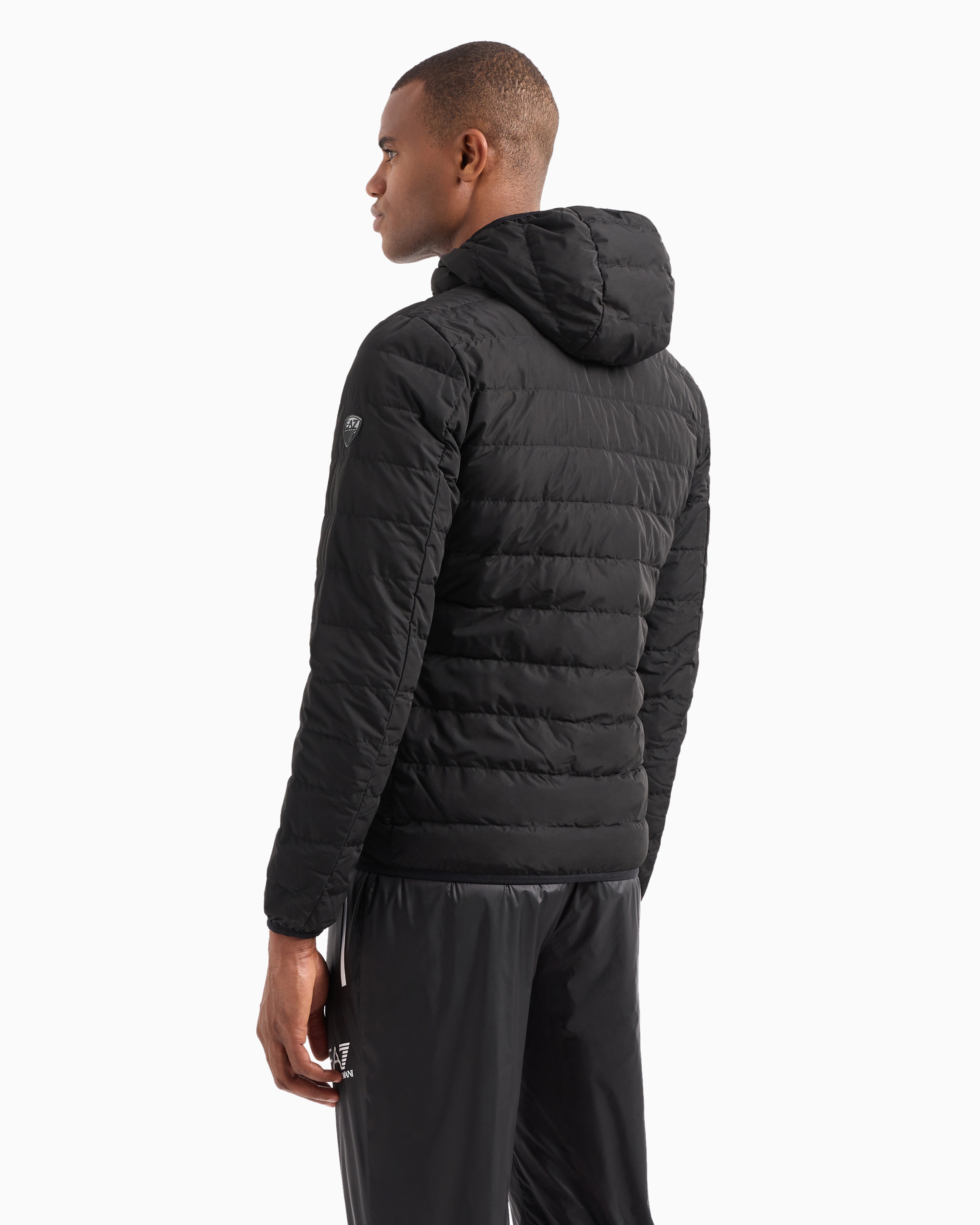 Shop Ea7 Premium Shield Packable Hooded Down Jacket In Black