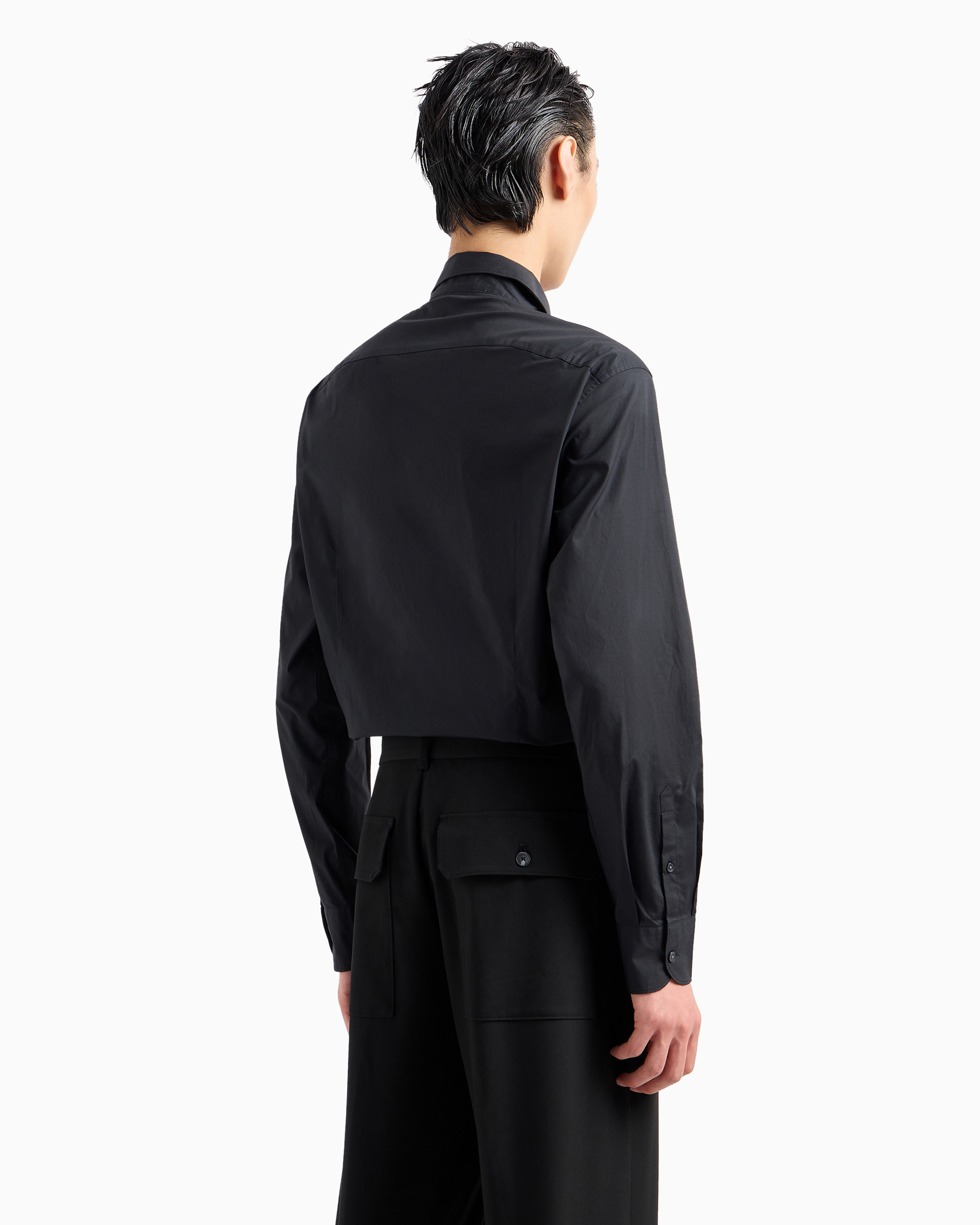 Emporio Armani Logo-embroidered Stretch-cotton Poplin Shirt In Black