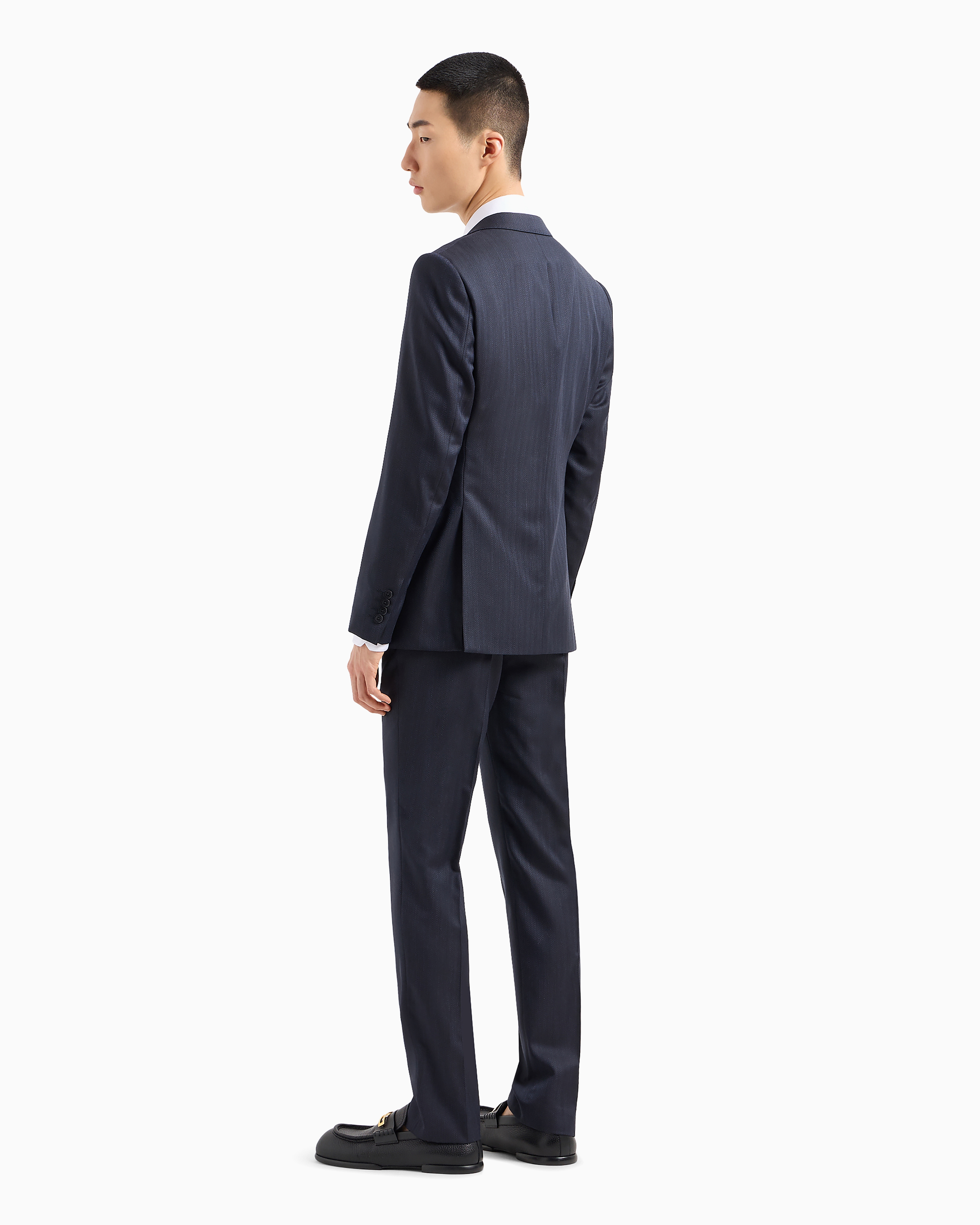 Emporio Armani Single-breasted, Slim-fit Suit In Superfine Wool With A Striped Chevron Motif In Blue