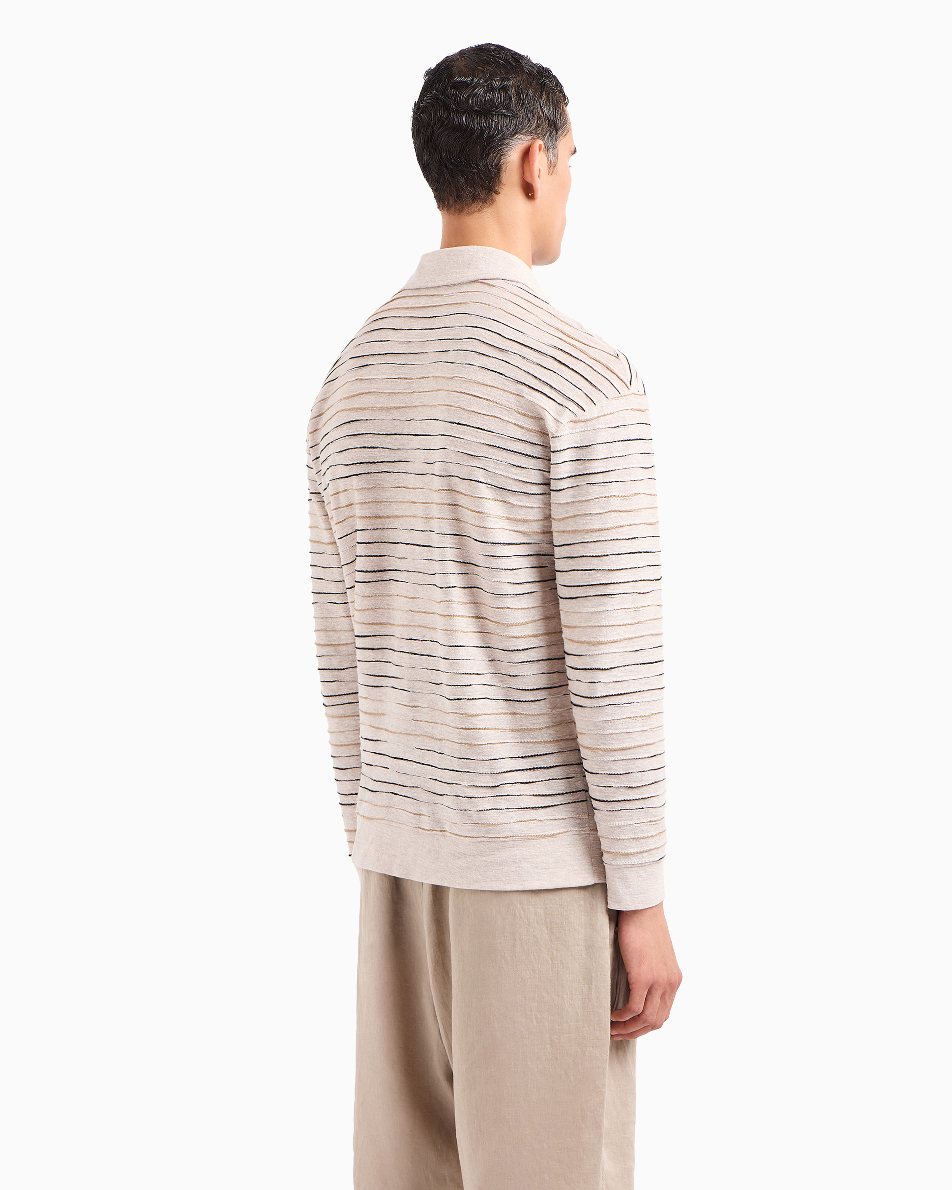 Shop Giorgio Armani Long-sleeved Polo Shirt In Linen, Cotton And Viscose Jersey Jacquard In Beige