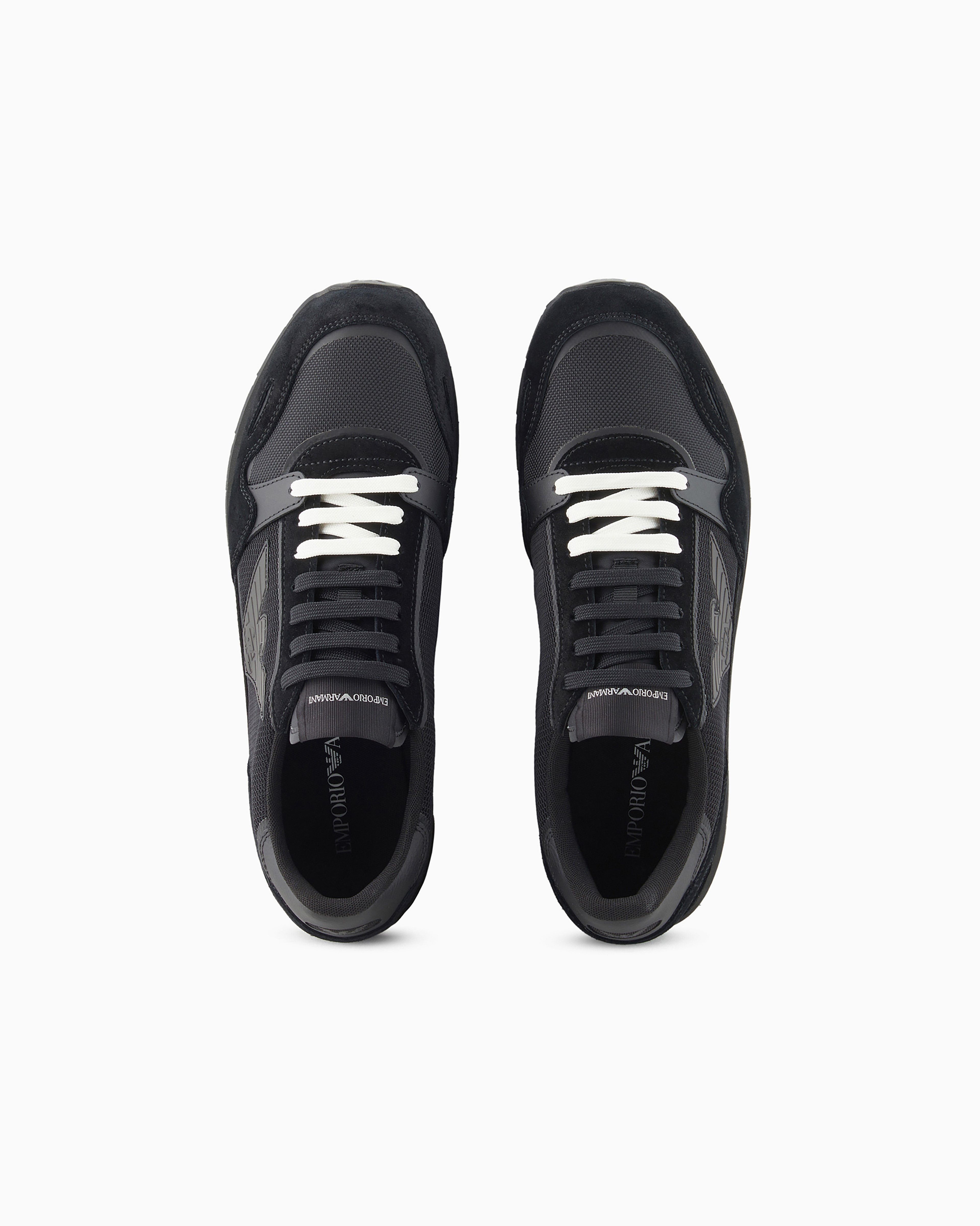 Emporio Armani Official Store Mesh Sneakers With Suede Details And Eagle Patch In Deep Black