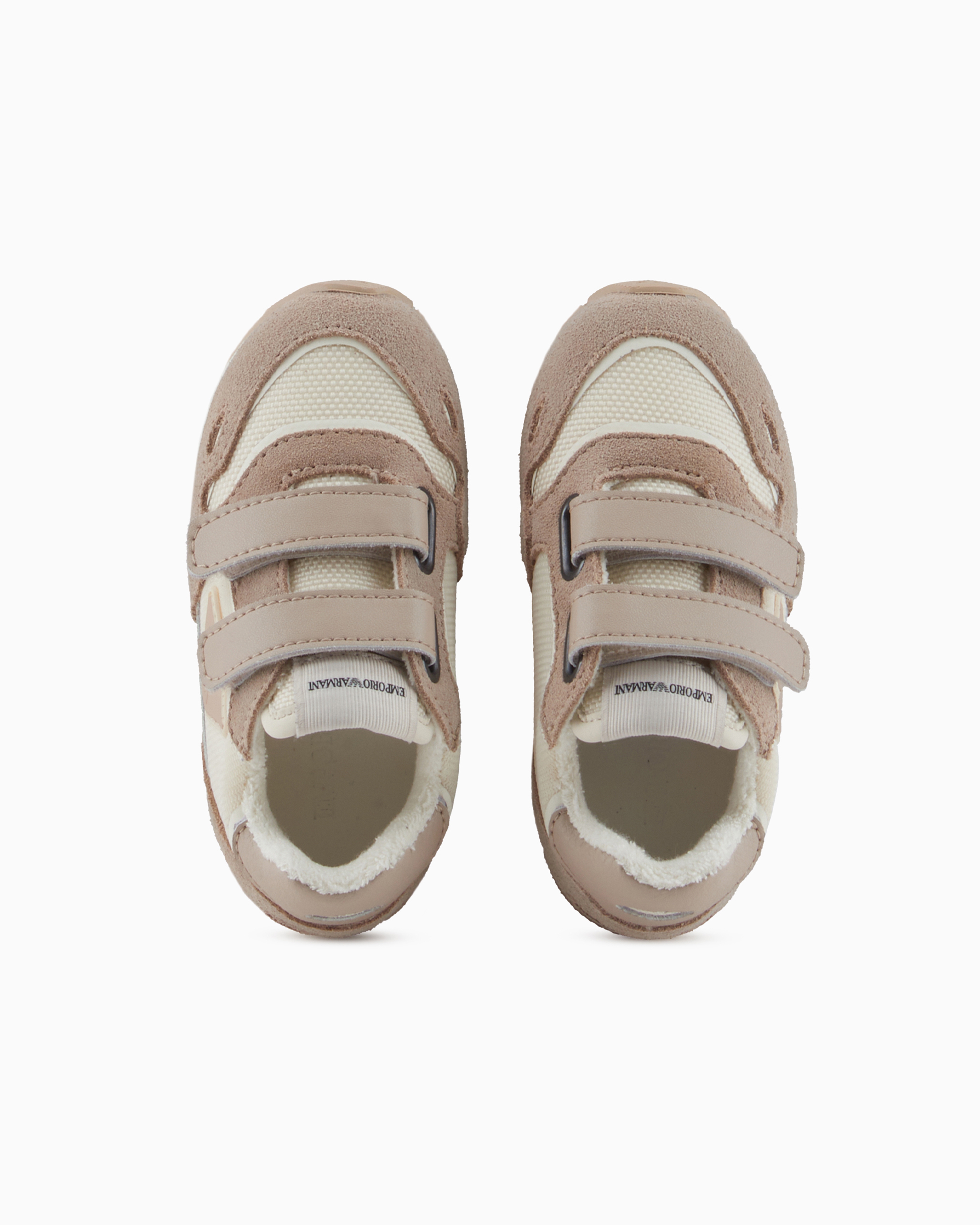 Emporio Armani Official Store Suede And Mesh Sneakers With Eagle And Velcro In Beige Logo