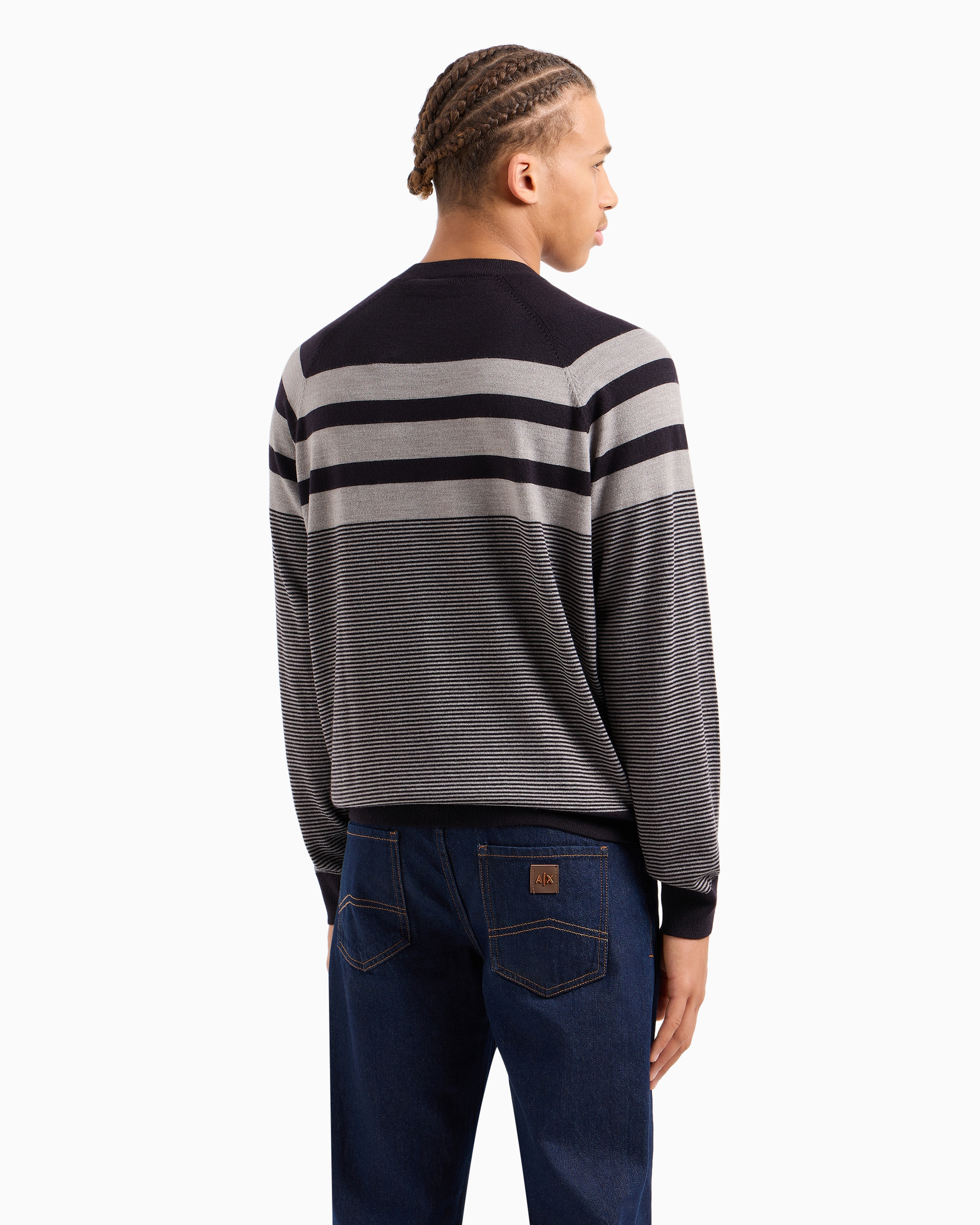 Shop Armani Exchange Irregular Striped Crew Neck Sweater In Dark Blue