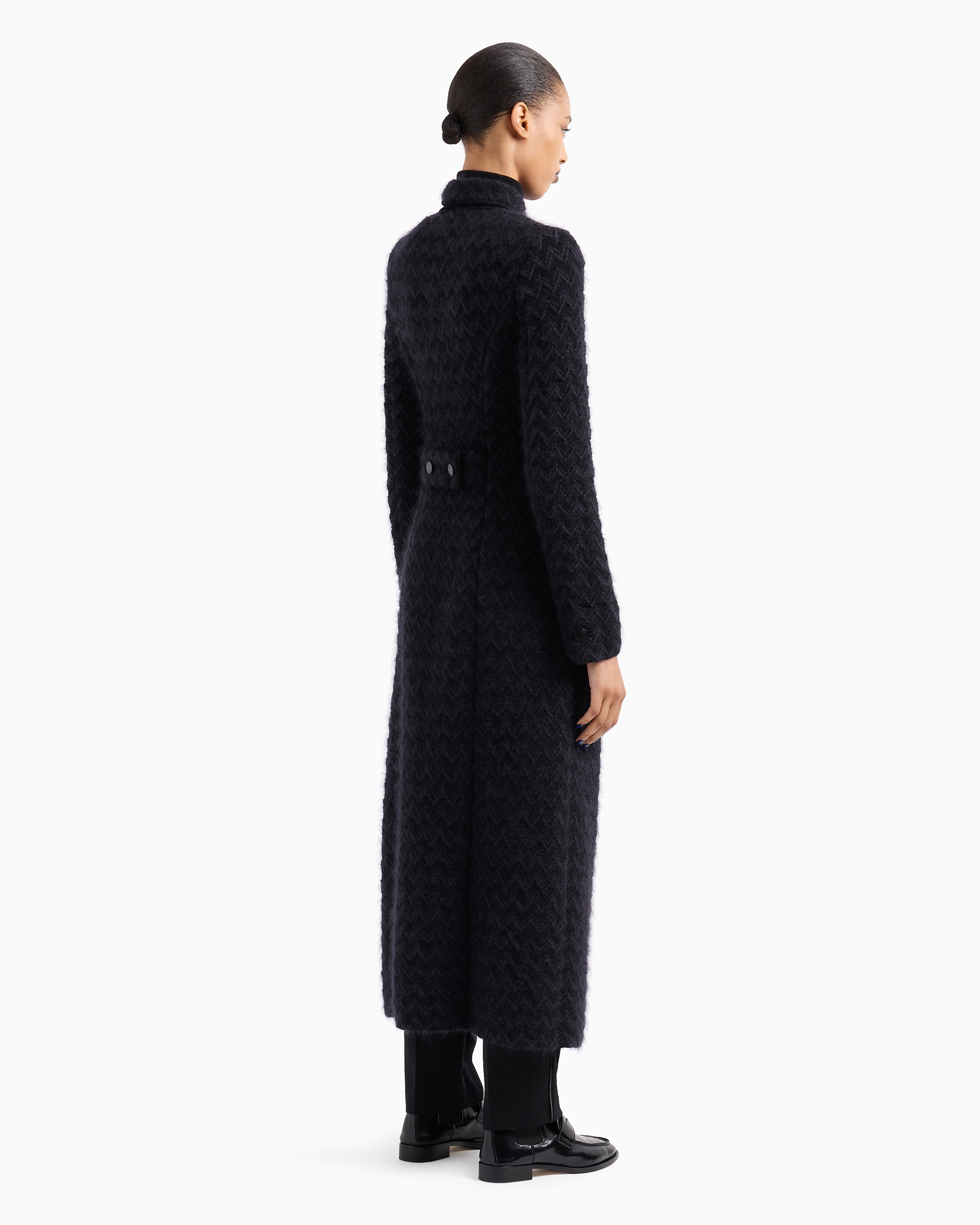 Giorgio Armani Long Double-breasted Coat In Chevron Jacquard Viscose, Silk And Mohair Wool In Black