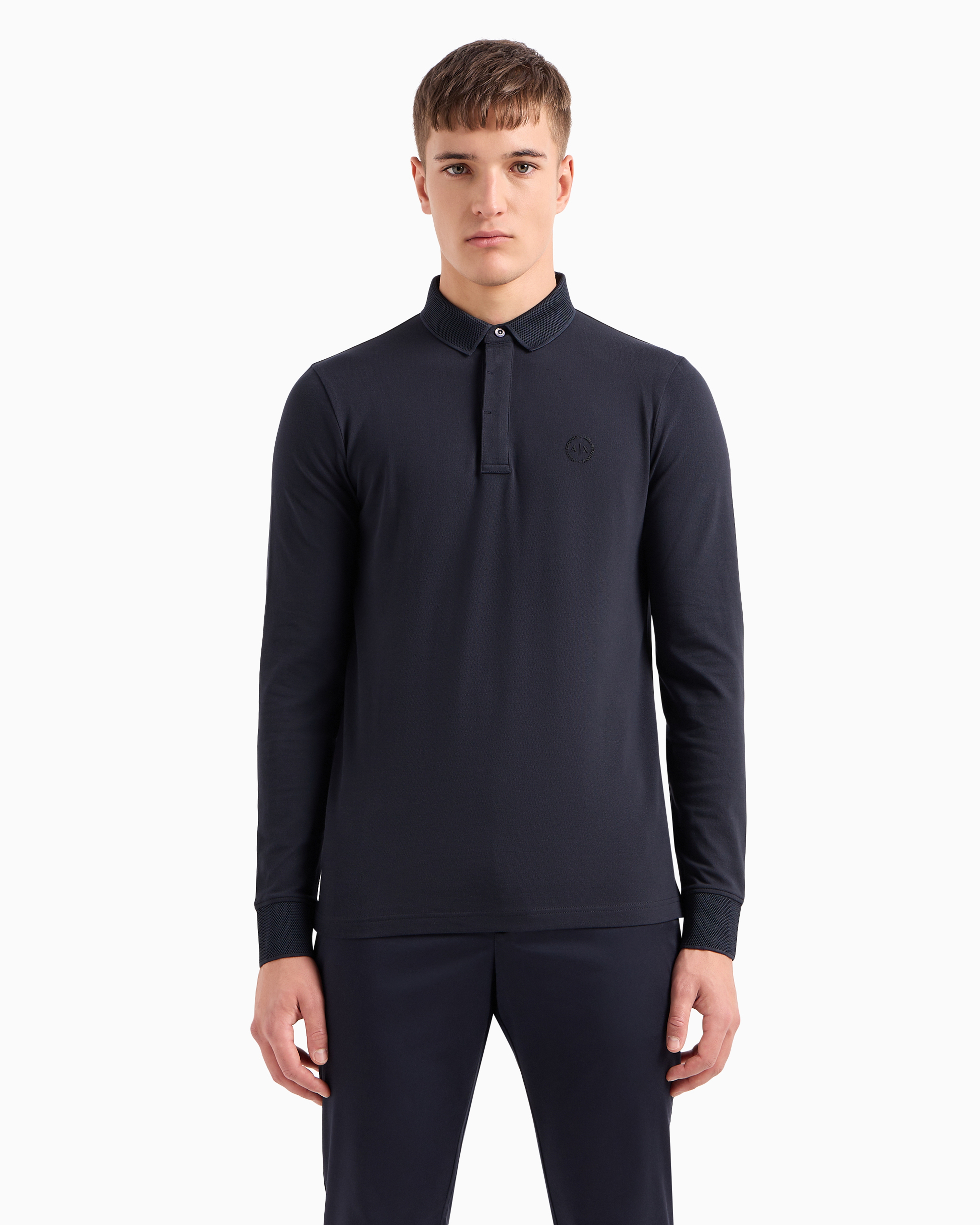 Shop Armani Exchange Slim Fit Polo Shirt In Stretch Cotton With Long Sleeves In Navy Blue