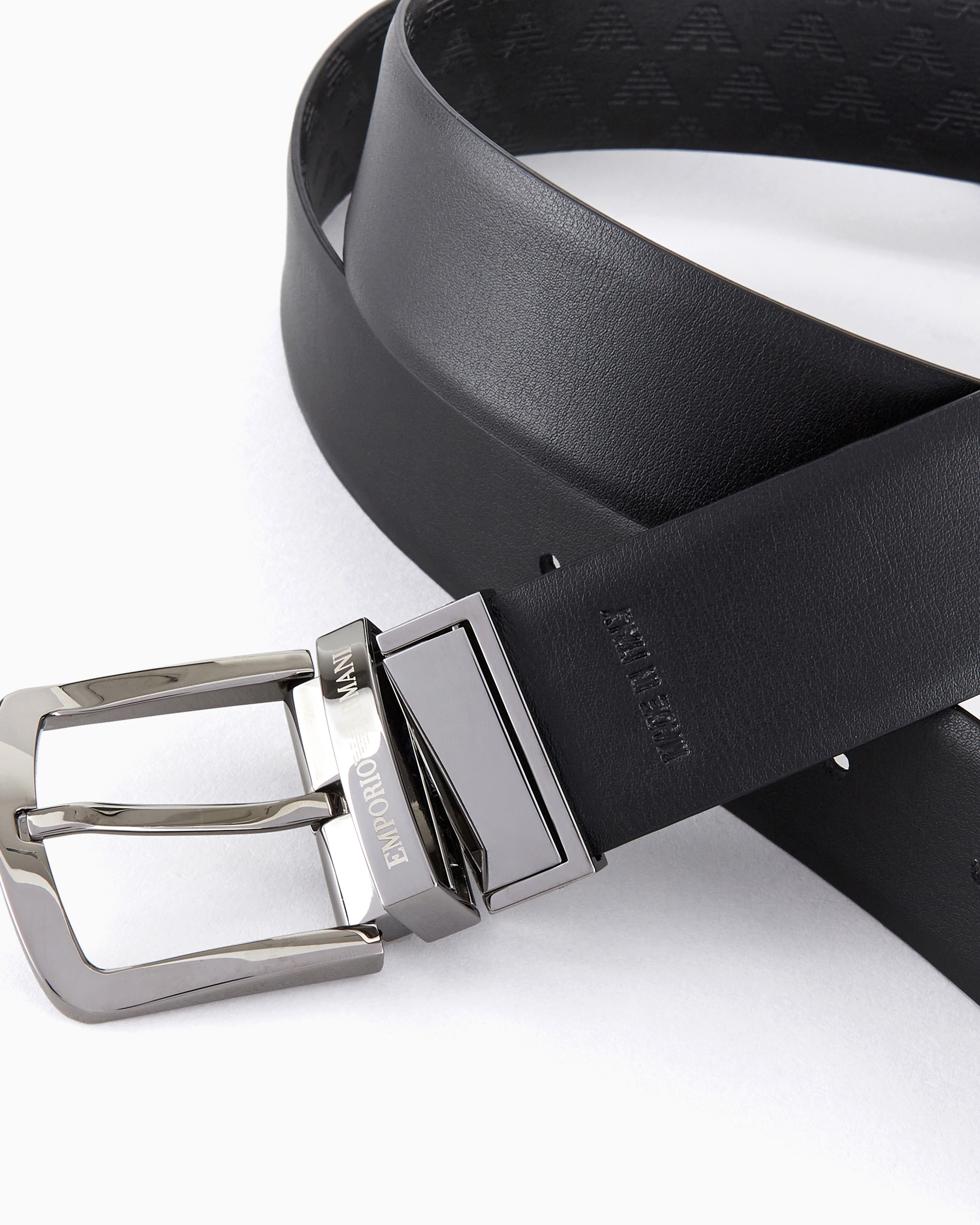 Emporio Armani Smooth Leather Belt With All-over Print In Black