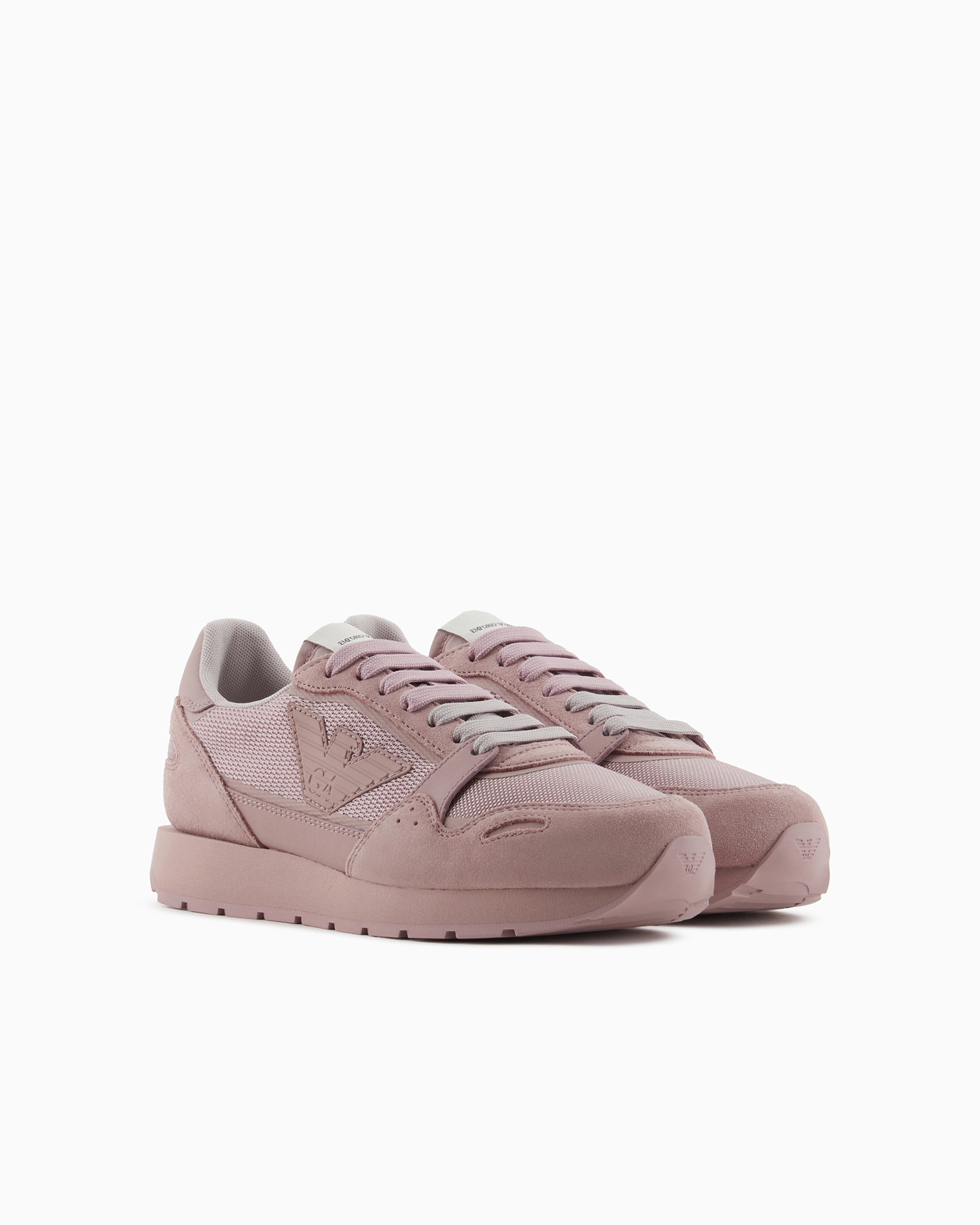 Shop Emporio Armani Mesh Sneakers With Suede Details And Eagle Patch In Antique Rose