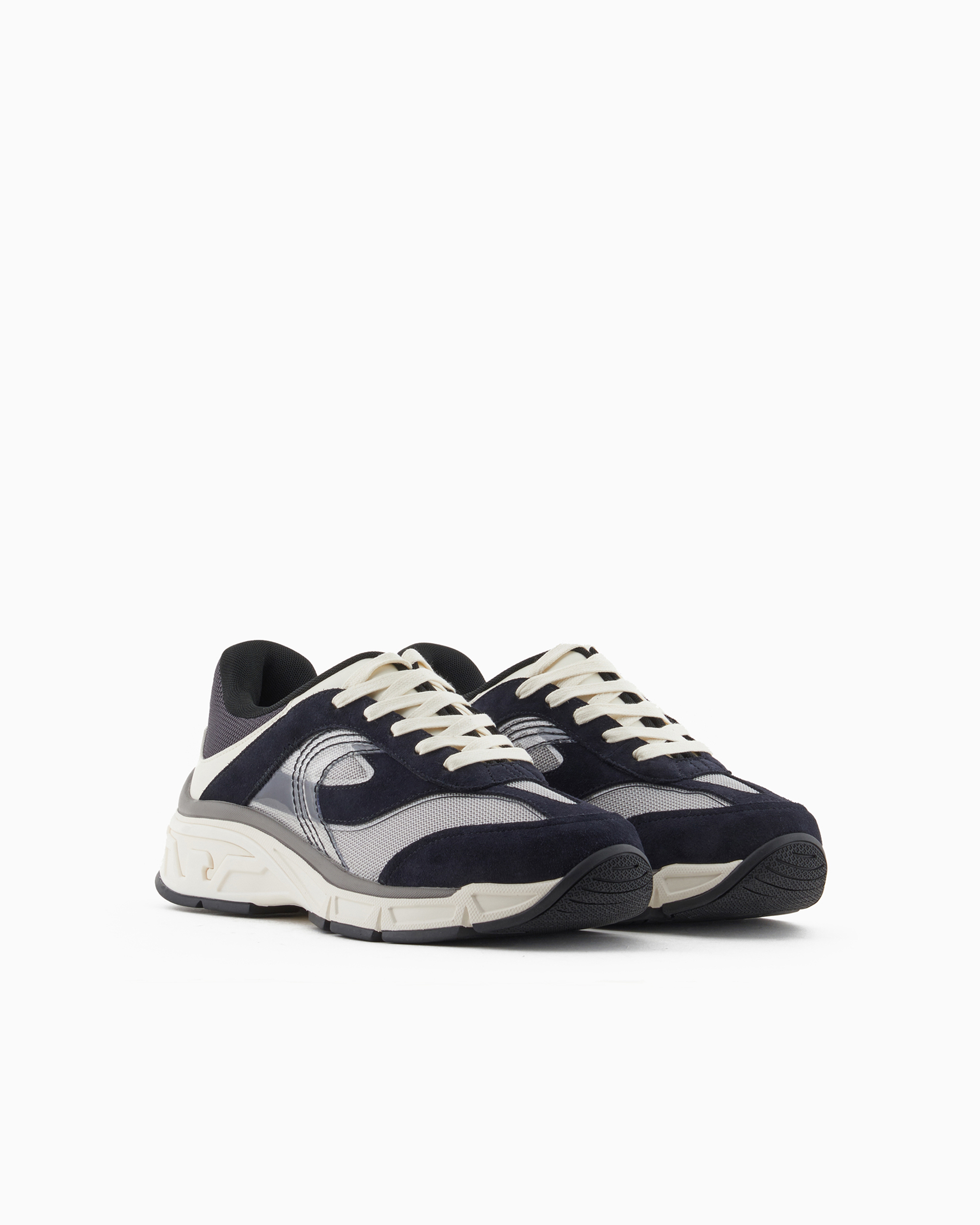 Shop Emporio Armani Mesh Sneakers With Suede Details In Navy Blue