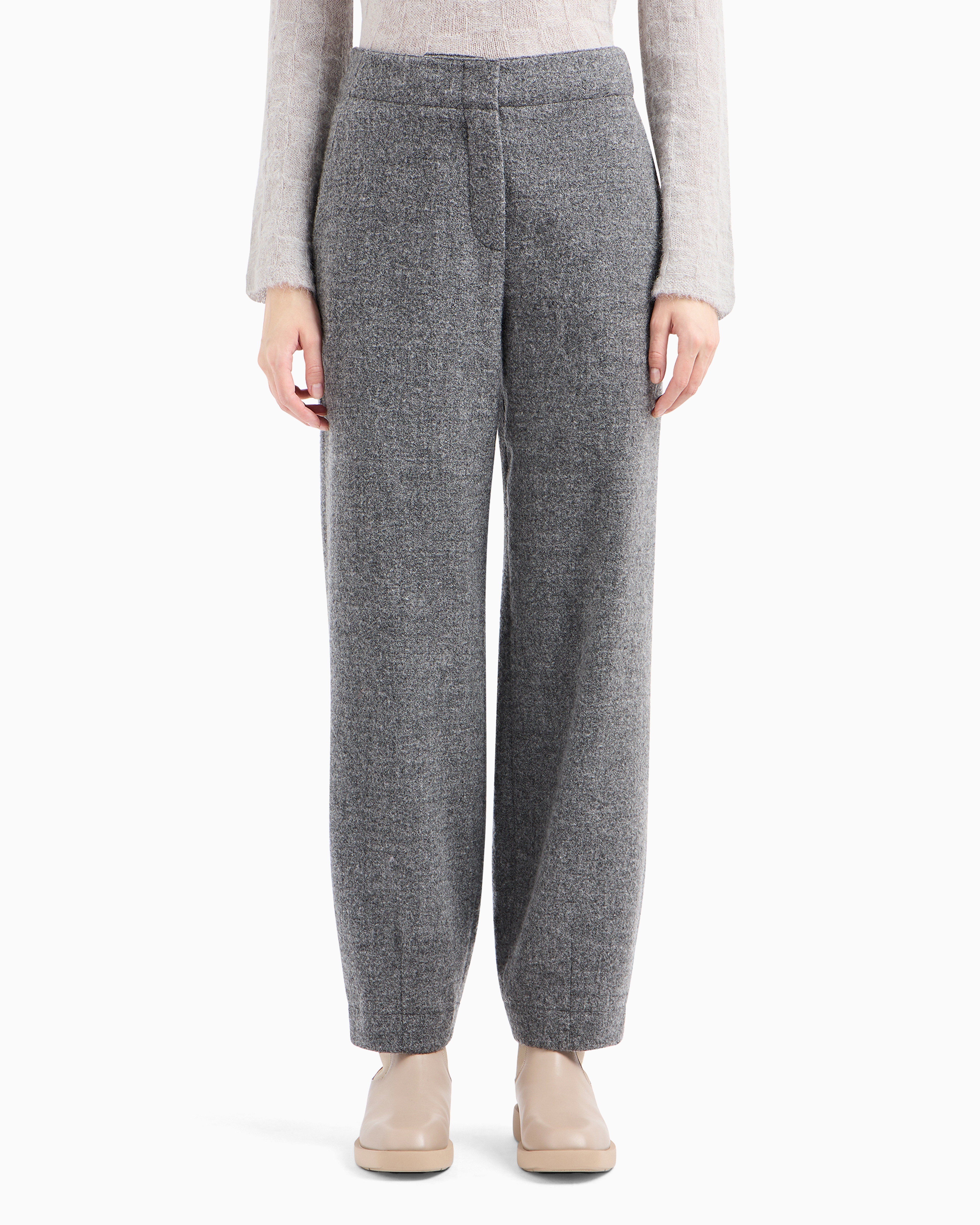 Emporio Armani Mélange Wool Blend Flannel Trousers With Ea Embroidery In Gris
