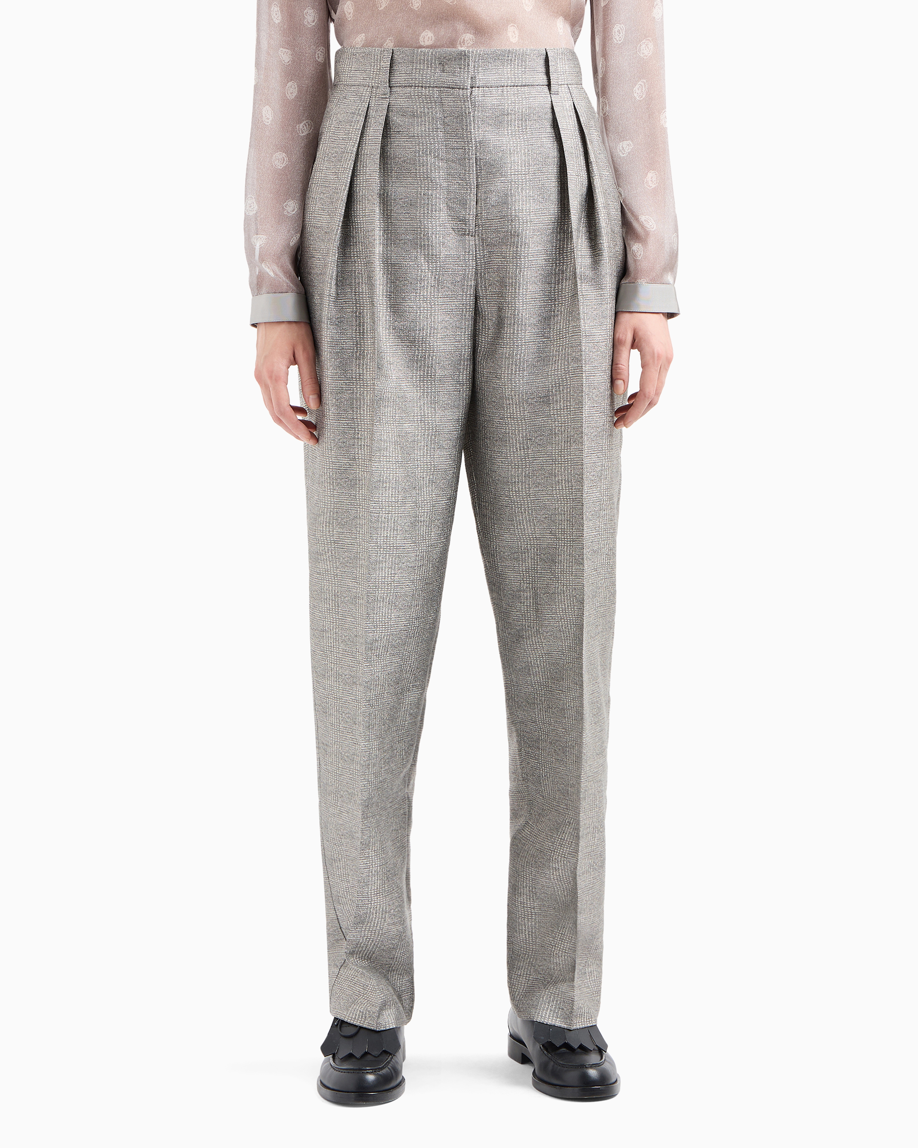 Emporio Armani Official Store Icon Trousers With Pleats In A Prince Of Wales Check Viscose In Gris