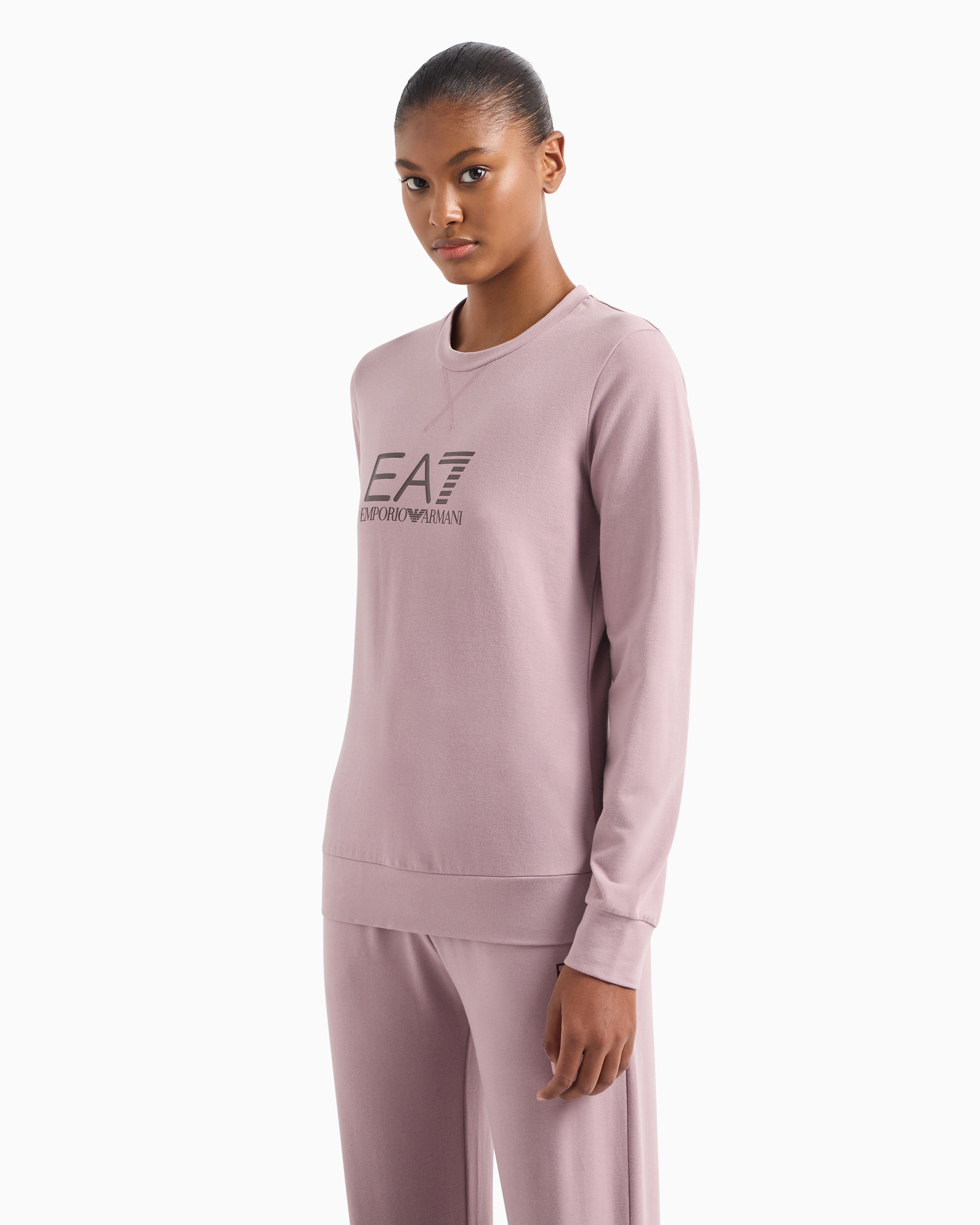 Shop Ea7 Shiny Stretch-cotton, Crew-neck Sweatshirt In Pink